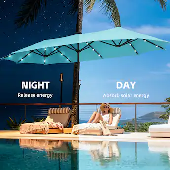 blue offset patio umbrella with solar lights 360-Degree LED Cantilever w/ Tilt Upgrade your outdoor experience with this 11ft patio umbrella with solar LED lights and base set Ainfox 13ft Large Patio Umbrella