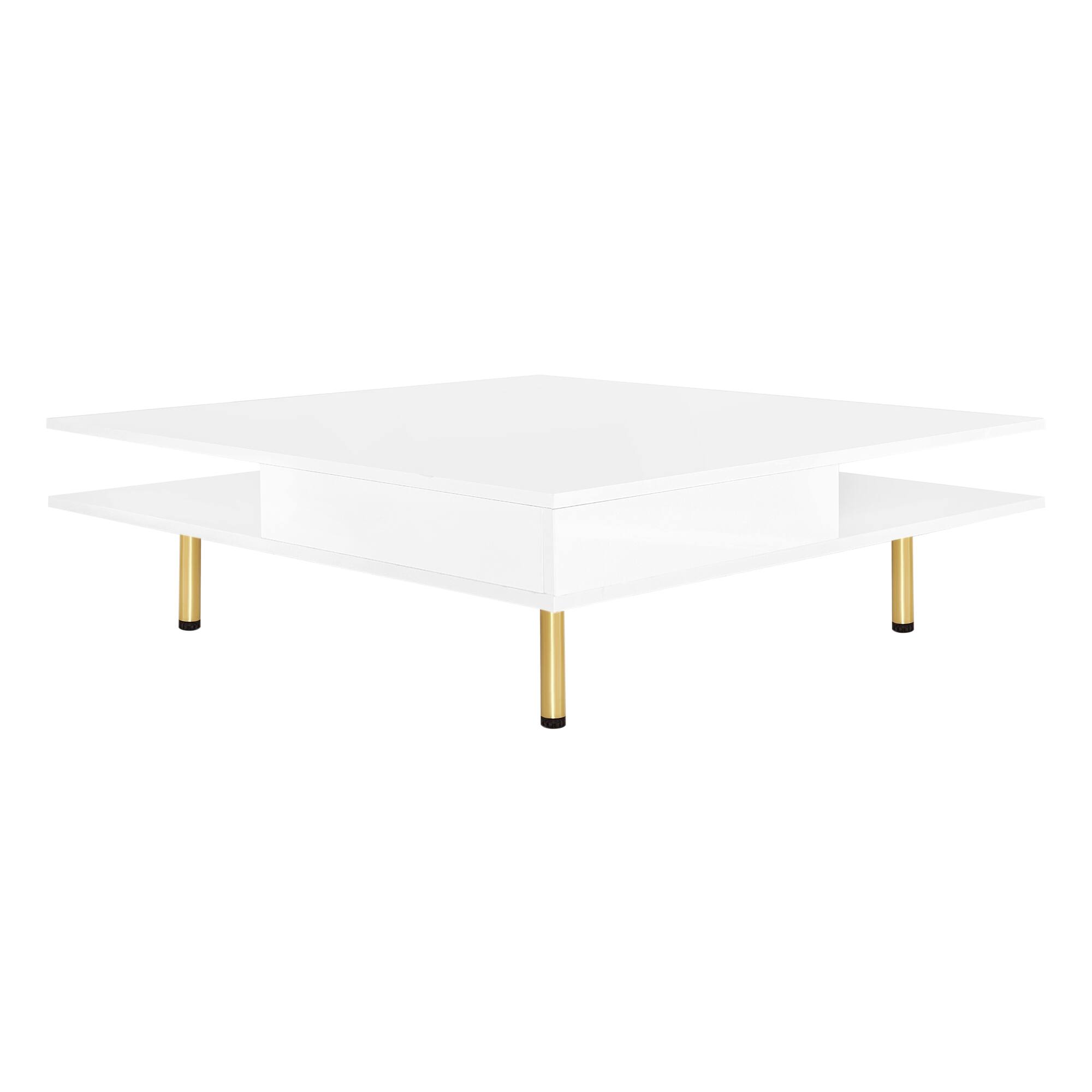 Alt View 9. Tiramisubest - Exquisite High Gloss Coffee Table with 4 Golden Legs and 2 Small Drawers,2-Tier Square Center Table,White - White.