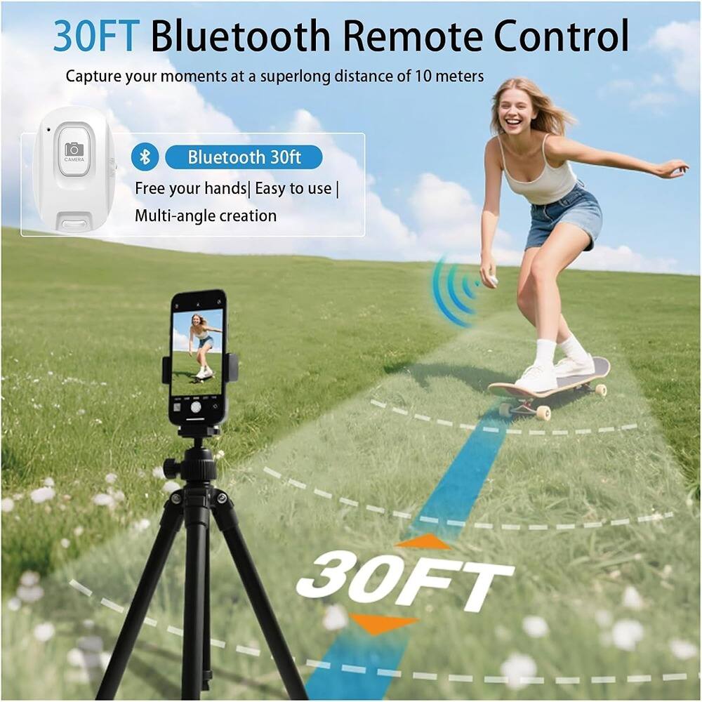 30FT Bluetooth Remote Control  
Capture your moments at a superlong distance of 10 meters  

Bluetooth 30ft  
Free your hands | Easy to use | Multi-angle creation