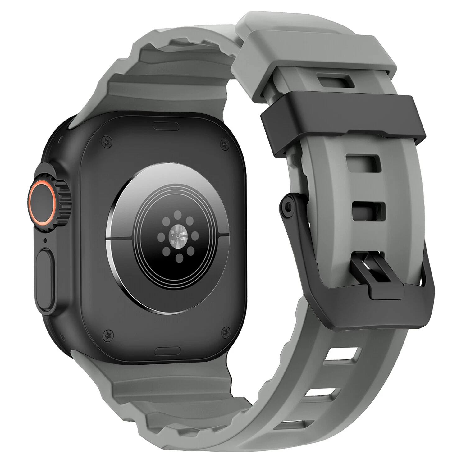 Left. Dteck - Sport Band for Apple Watch Ultra 49mm/Series 11 10 9 8 7 6 5 4 SE 44/45/46mm, Durable Silicone Strap with Metal Hardware - Gray-Black Buckle.