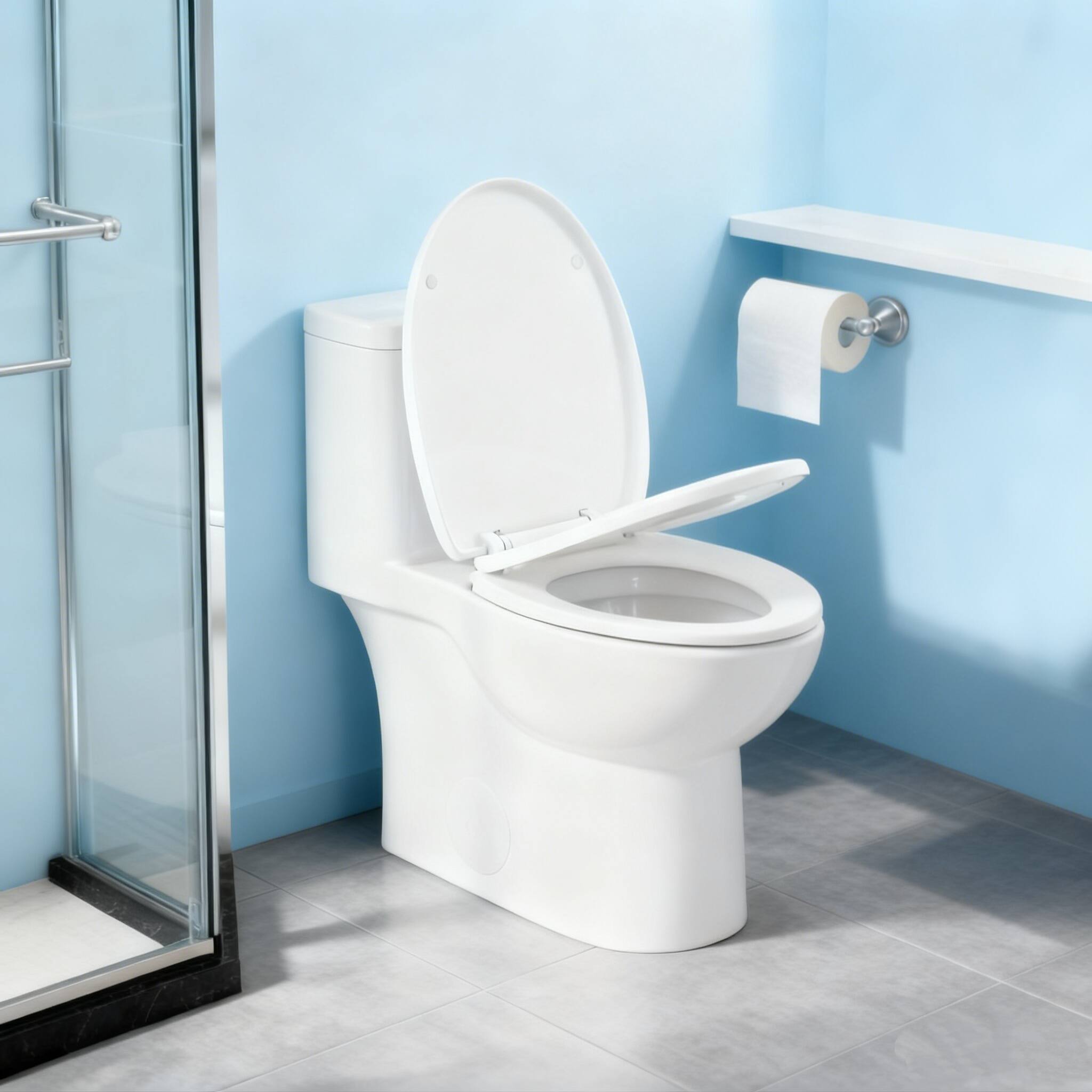 Angle. TinyHomie - White Ceramic One Piece Toilet Elongated Bowl with Soft Close Seat and Quick Release Design 25I807G - White.