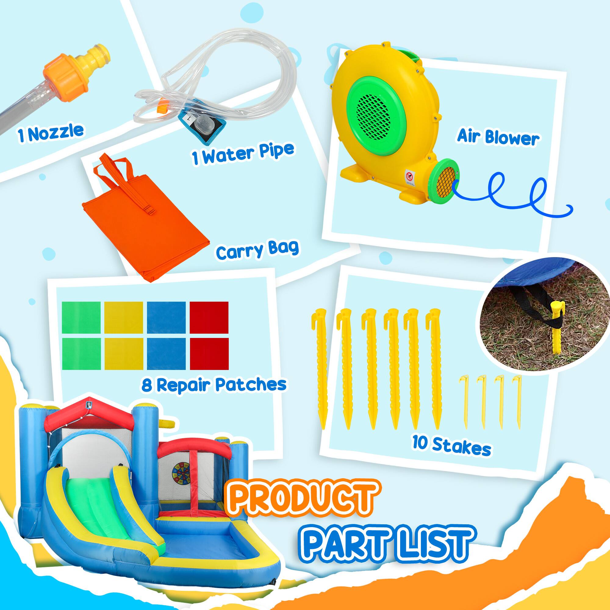 1 Nozzle  
1 Water Pipe  
Air Blower  
Carry Bag  
8 Repair Patches  
10 Stakes  

PRODUCT PART LIST