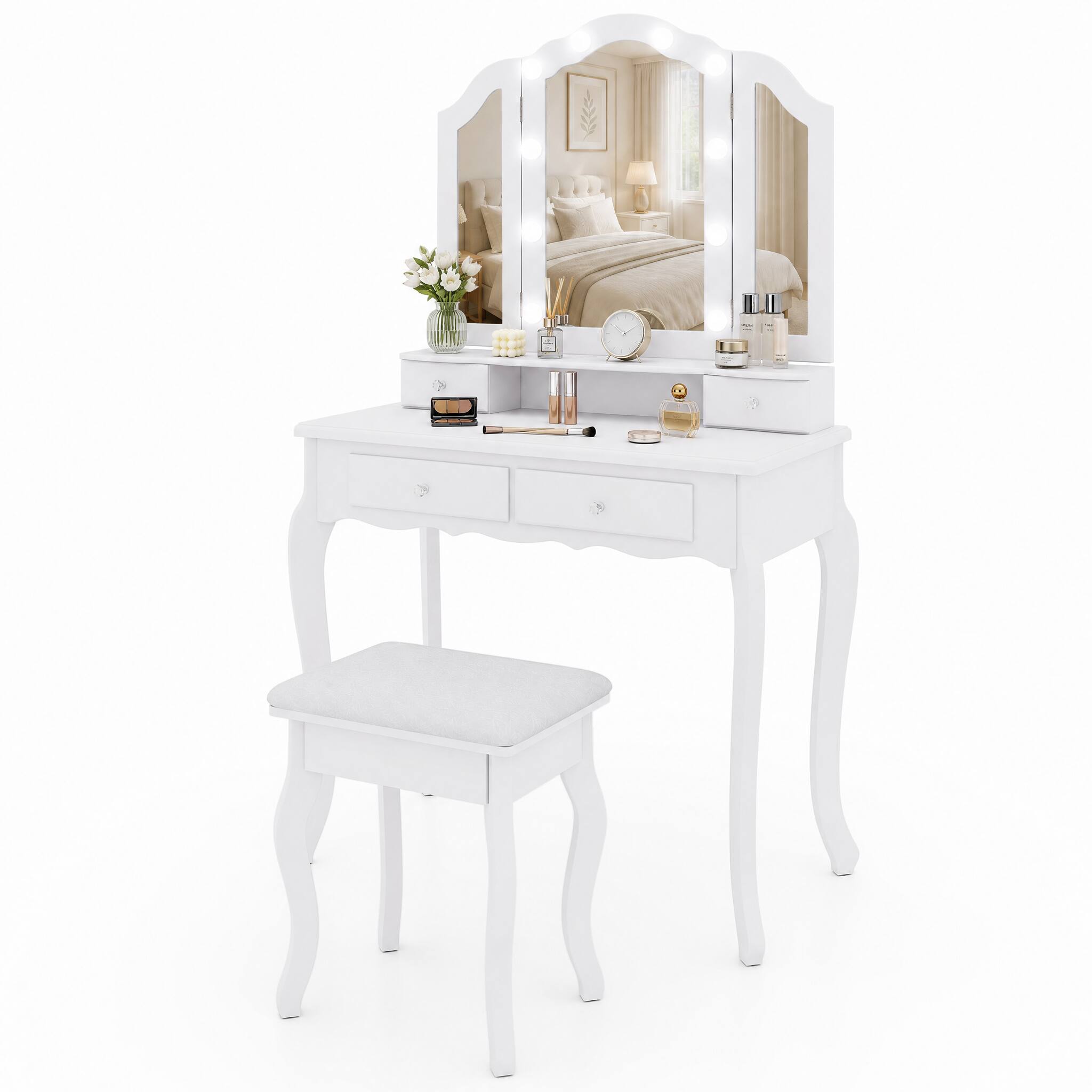 Alt View 4. WELLFOR - Classic Makeup Vanity Table Set with Hollywood Lighted Mirror, 4 Drawers and Padded Stool for Bedroom Dressing Room - White.