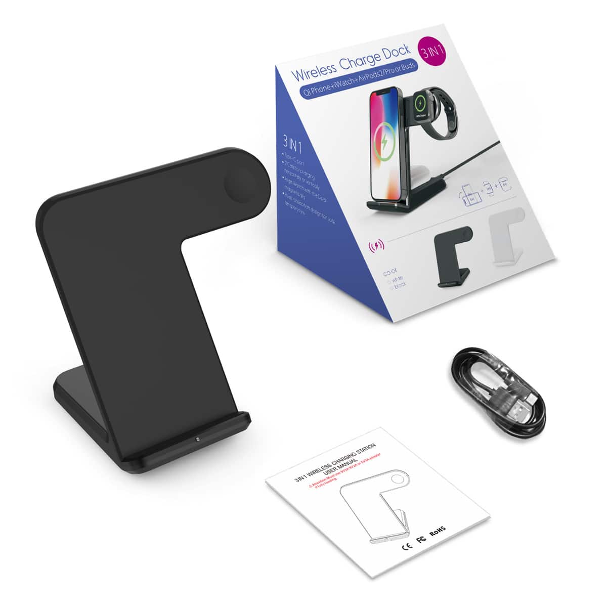 RISOKEYS - 15W 3-in-1 Wireless Charger -  Power Adapter, Fast Charger Compatible with Qi Phones/Earphones/iWatch - Black