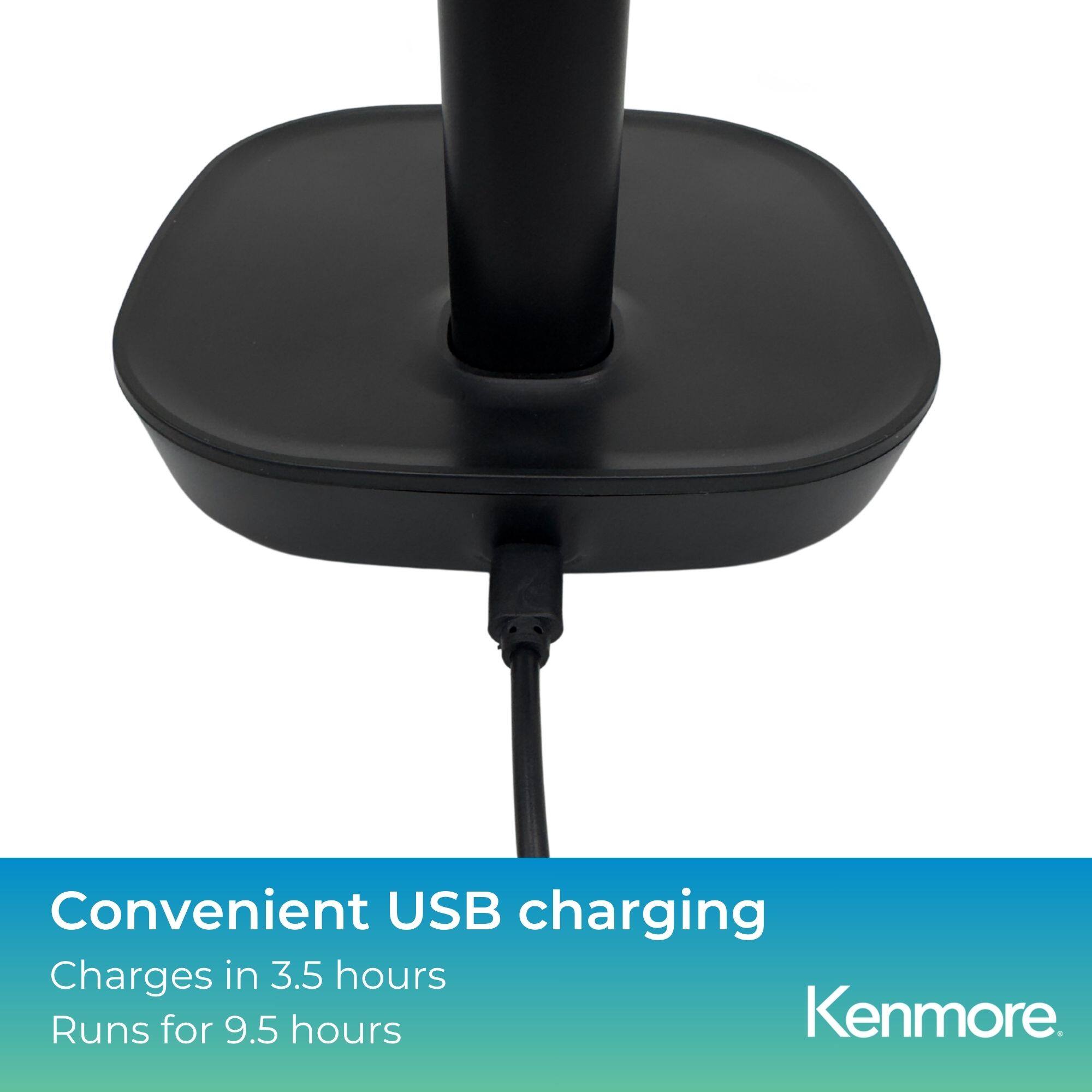 Convenient USB charging  
Charges in 3.5 hours  
Runs for 9.5 hours  
Kenmore