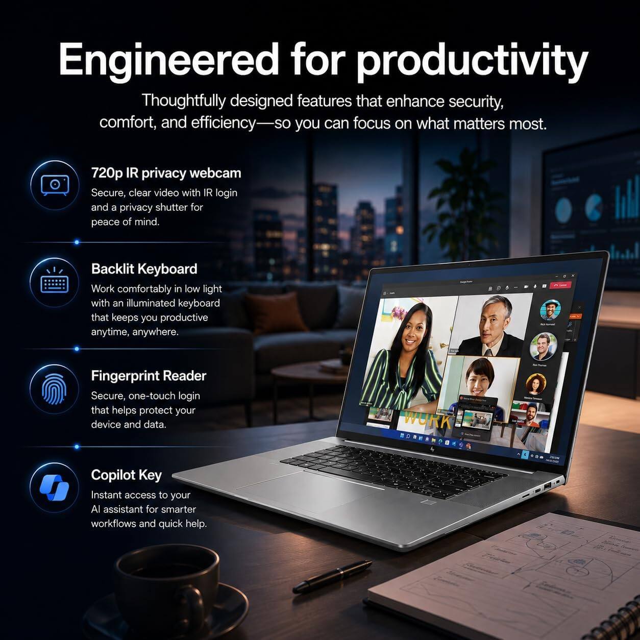 Engineered for productivity  
Thoughtfully designed features that enhance security, comfort, and efficiency—so you can focus on what matters most.

720p IR privacy webcam  
Secure, clear video with IR login and a privacy shutter for peace of mind.

Backlit Keyboard  
Work comfortably in low light with an illuminated keyboard that keeps you productive anytime, anywhere.

Fingerprint Reader  
Secure, one-touch login that helps protect your device and data.

Copilot Key  
Instant access to your AI assistant for smarter workflows and quick help.