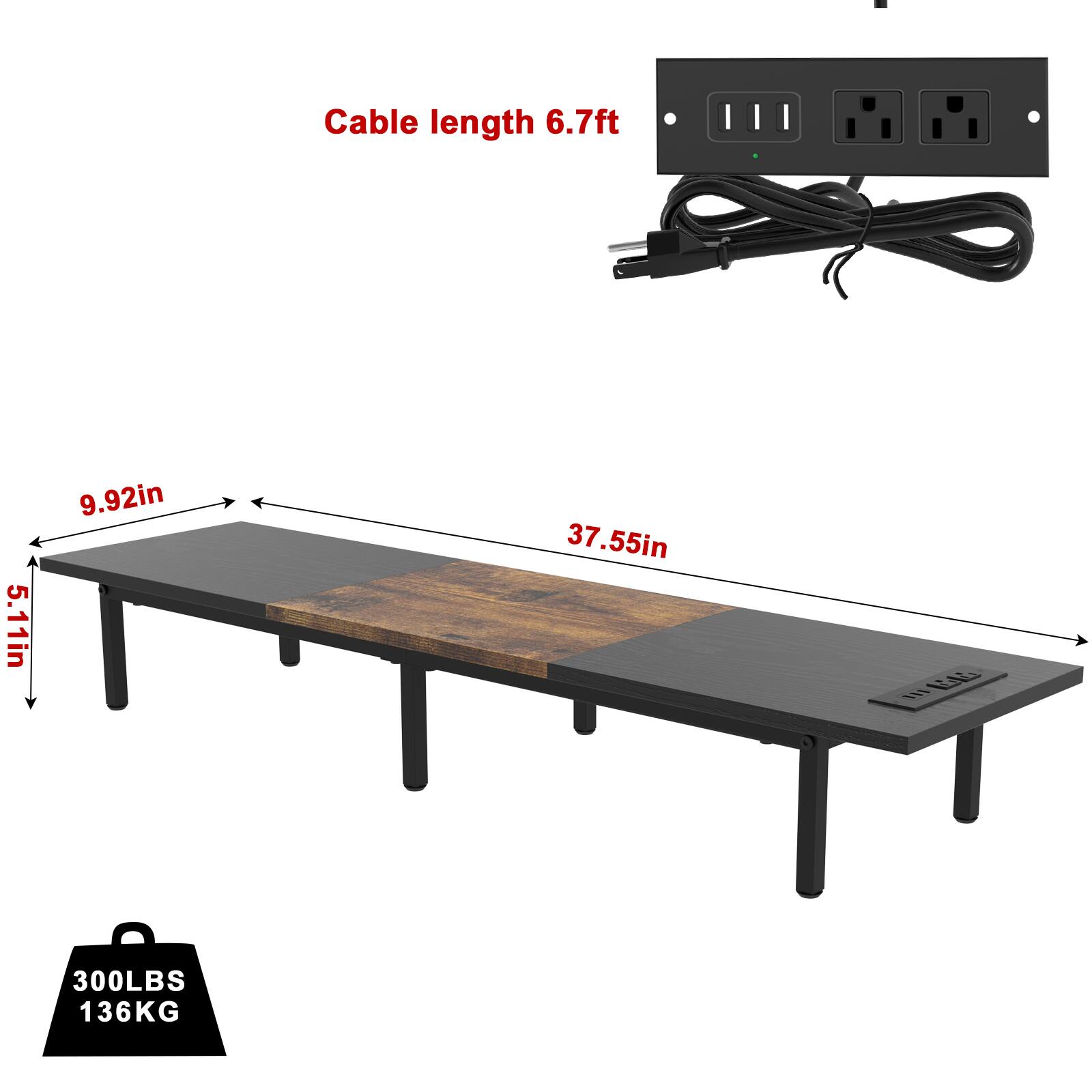 Cable length: 6.7ft, 5.11in, 9.92in, 37.55in  
Load capacity: 300LBS (136KG)