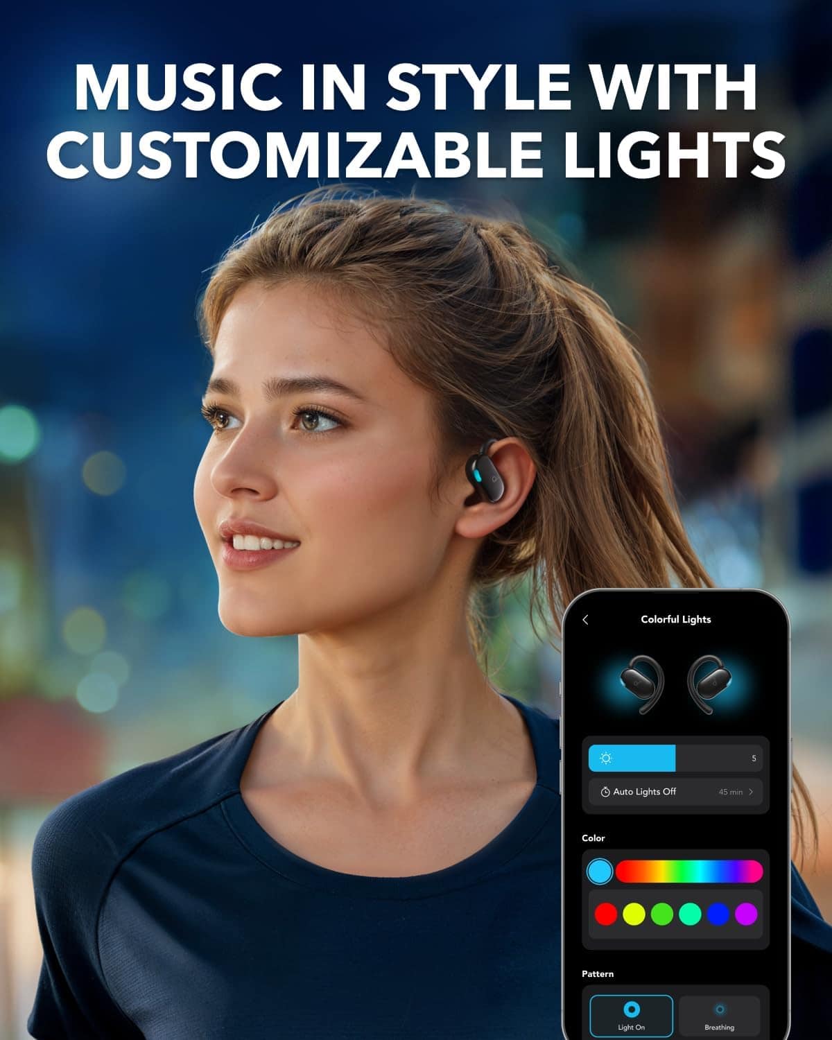 Music in Style with Customizable Lights. Colorful Lights with 5 C Auto Lights of 4s mi. Color Pattern Light on Breathing.