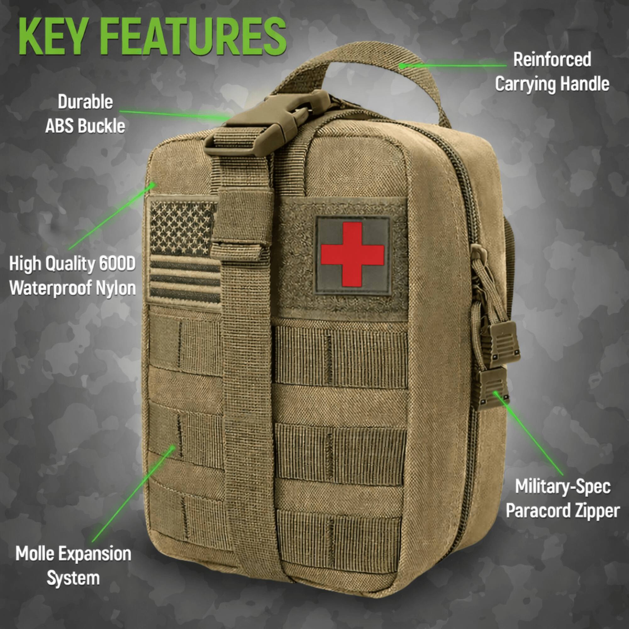 KEY FEATURES

- Durable ABS Buckle
- Reinforced Carrying Handle
- High Quality 600D Waterproof Nylon
- Military-Spec Paracord Zipper
- Molle Expansion System
