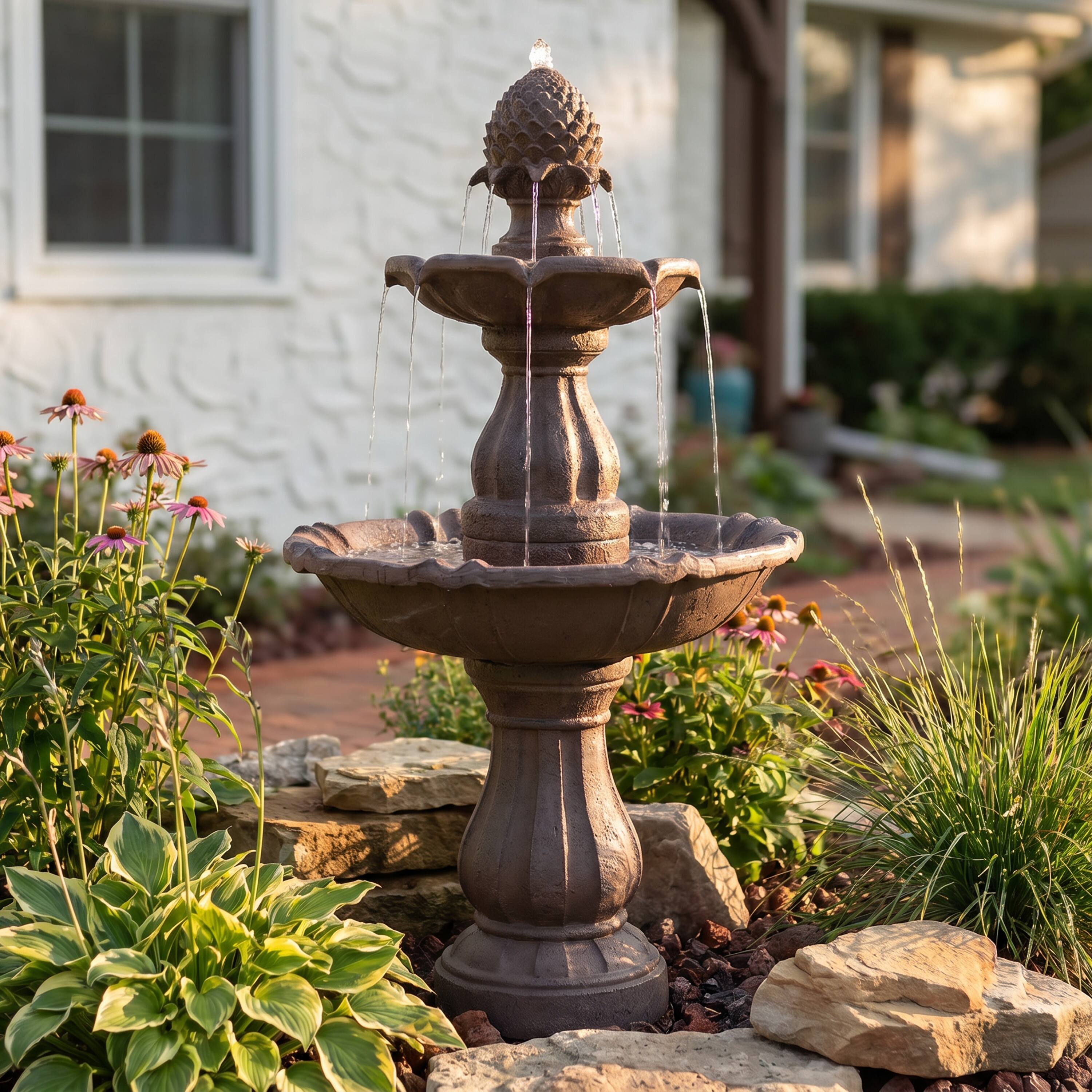 Alt View 7. Sunnydaze - Curved Plinth Polyresin Outdoor 2-Tier Water Fountain - Brown.