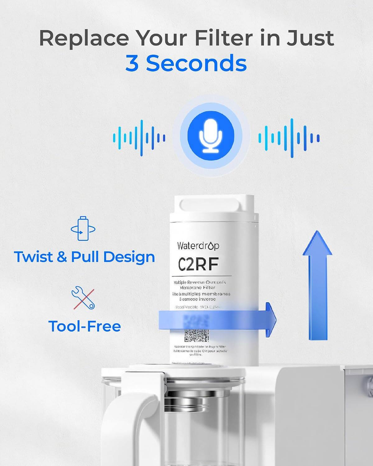 Replace Your Filter in Just 3 Seconds

Waterdrop Twist & Pull Design C2RF

Multiple Reverse Osmosis Membrane Filter - osmose inverse

Tool-Free