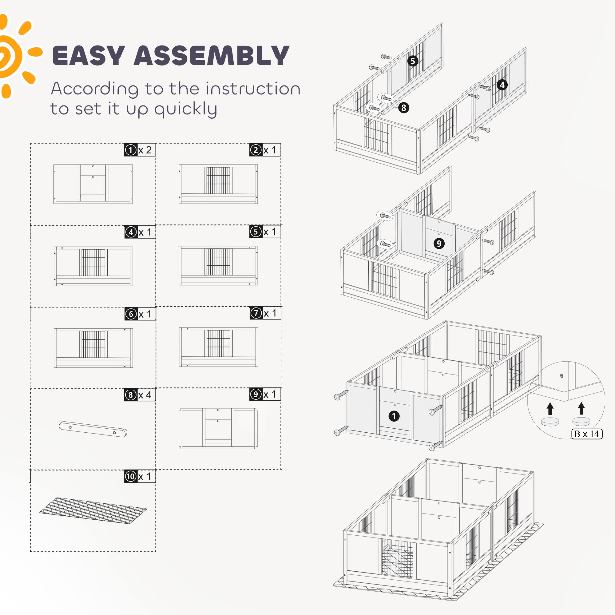 EASY ASSEMBLY  
According to the instruction to set it up quickly

1. 1x2  
2. 2x1  
3. 4x1  
4. 5x1  
5. 6x1  
6. 7x1  
7. 8x4  
8. 9x1  
9. 10x1  

Bx14