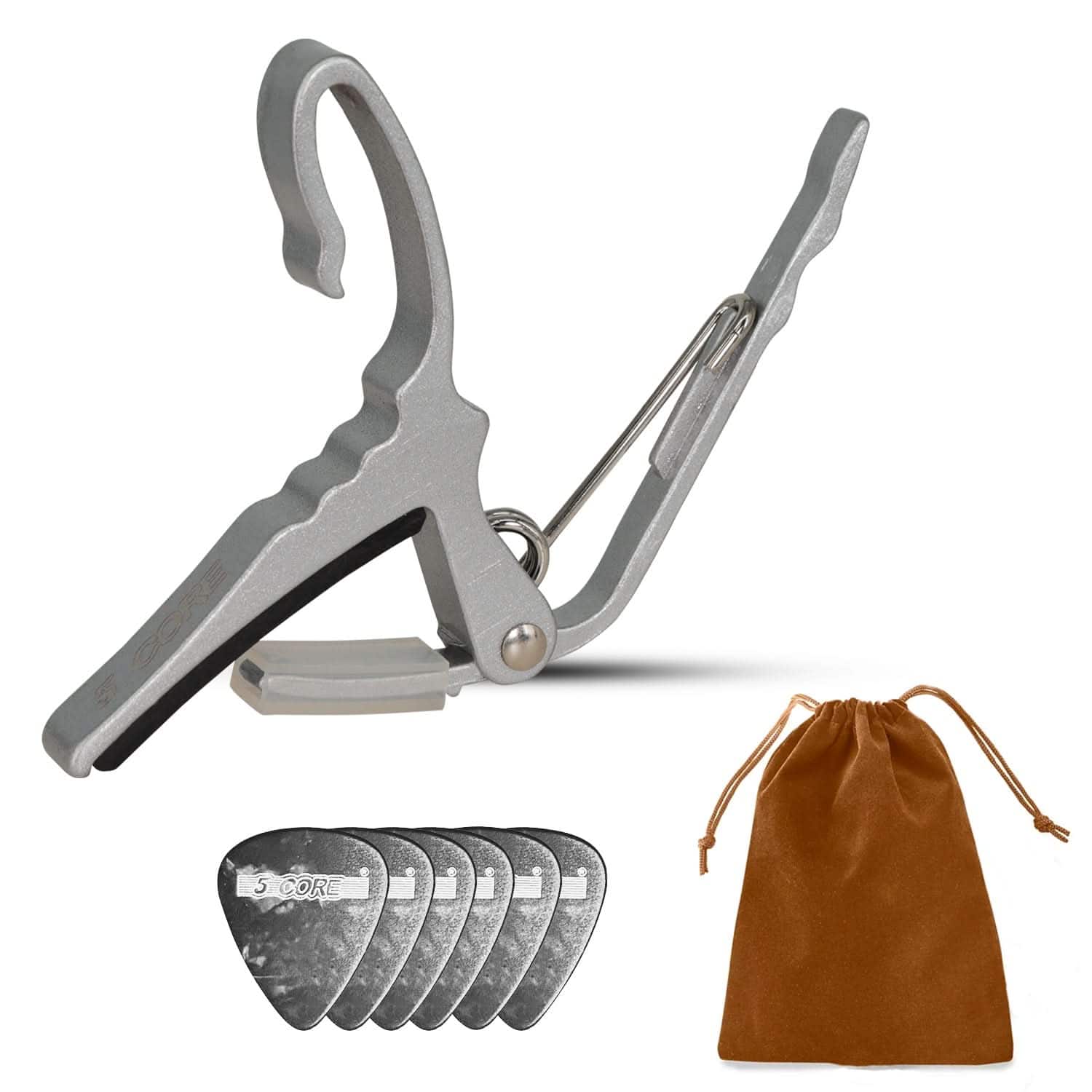5 CORE - 5Core Capo Acoustic Electric Guitar String Clip + 6Pcs Guitar Picks + Carry Bag - Silver