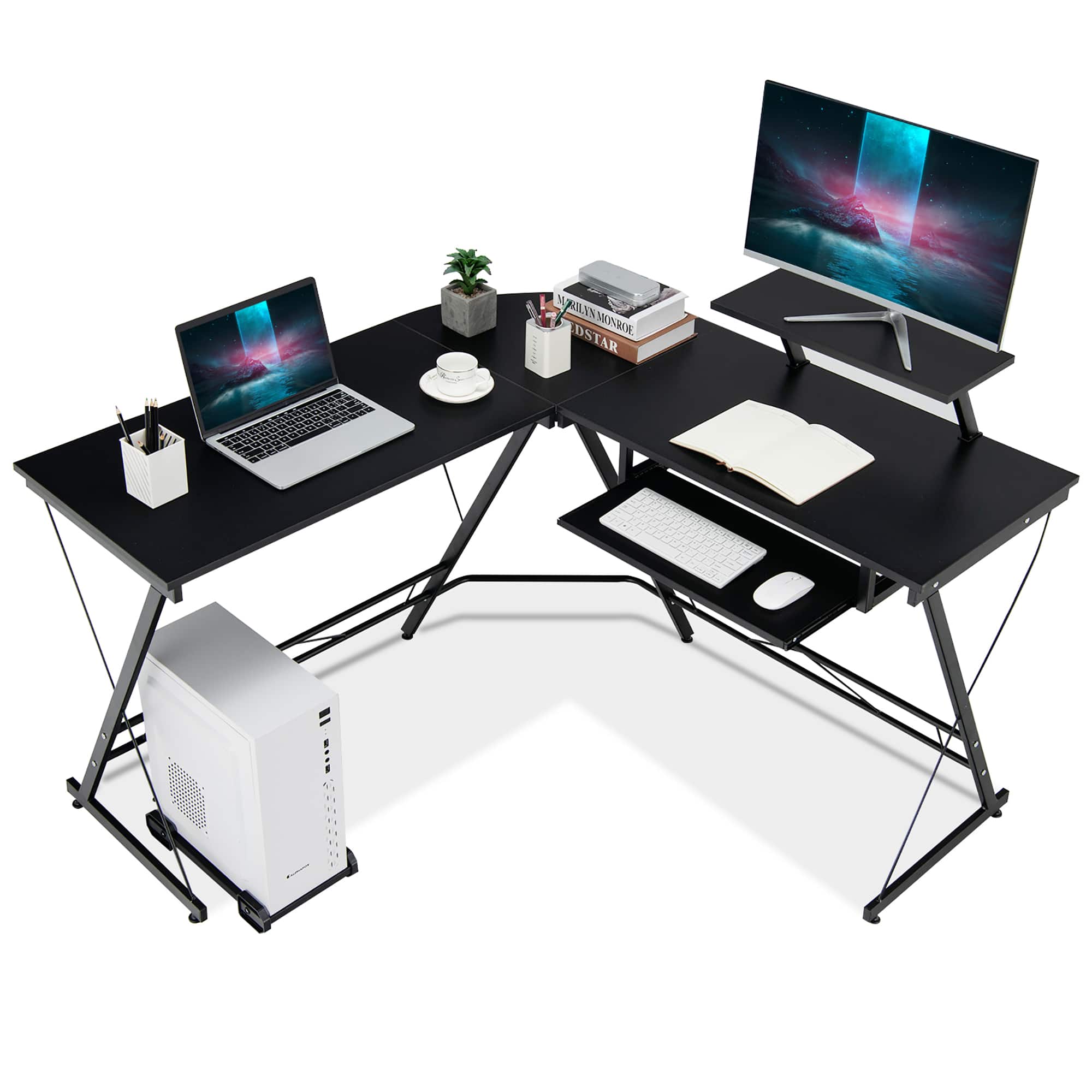 Costway - L Shaped Computer Desk Home Office Workstation w/ Movable Monitor Stand - Black