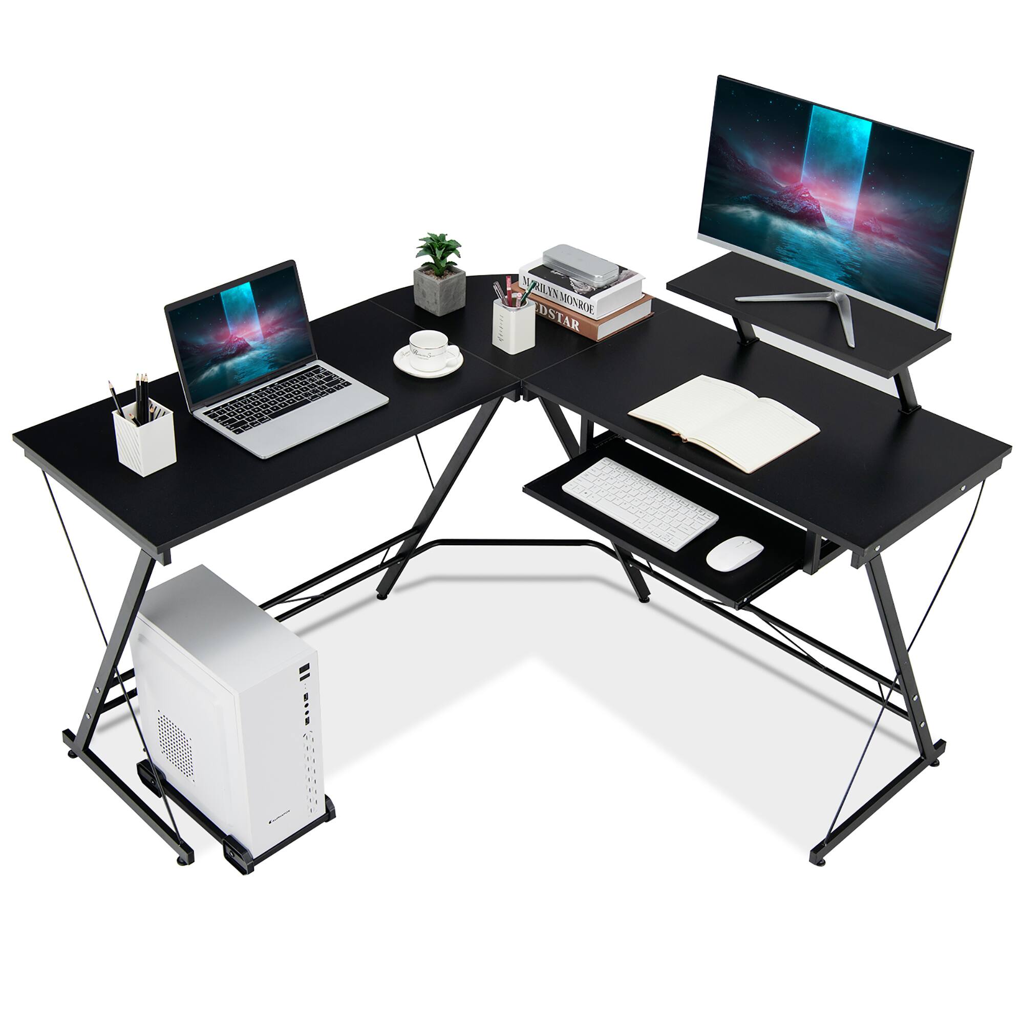 Costway - L Shaped Computer Desk Home Office Workstation w/ Movable Monitor Stand - Black
