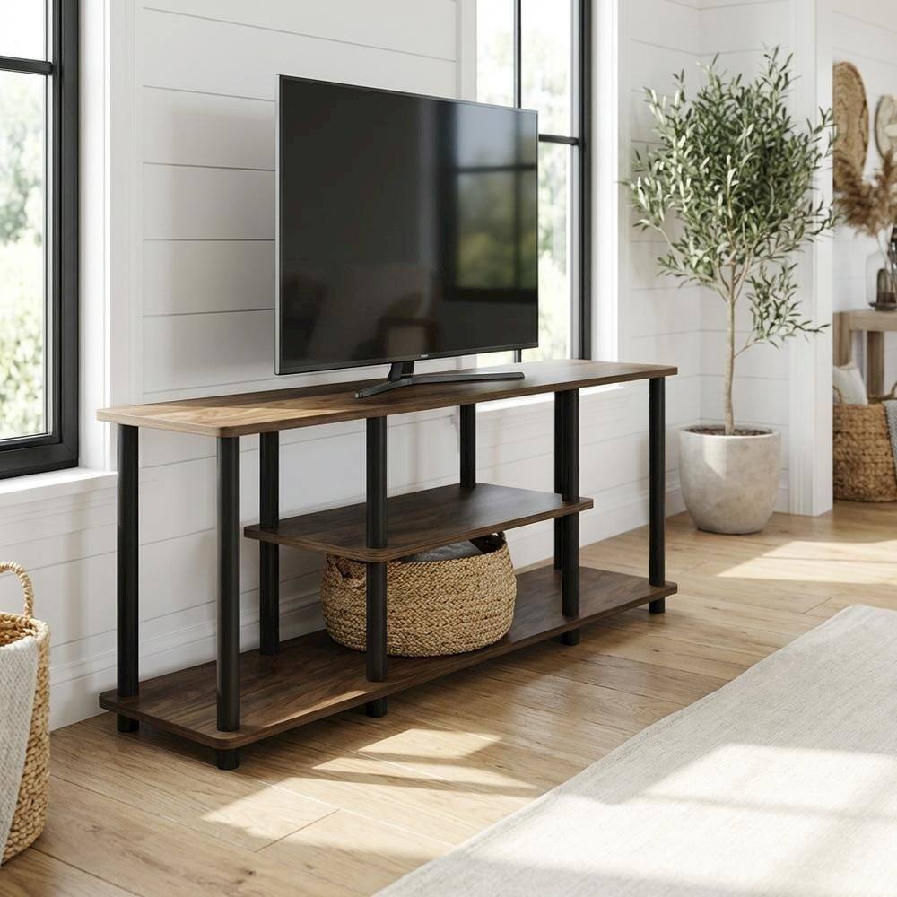 Alt View 1. FurniFact - Walnut/Black TV Stand with 3-Tier Open Shelves and Modern Design - White.