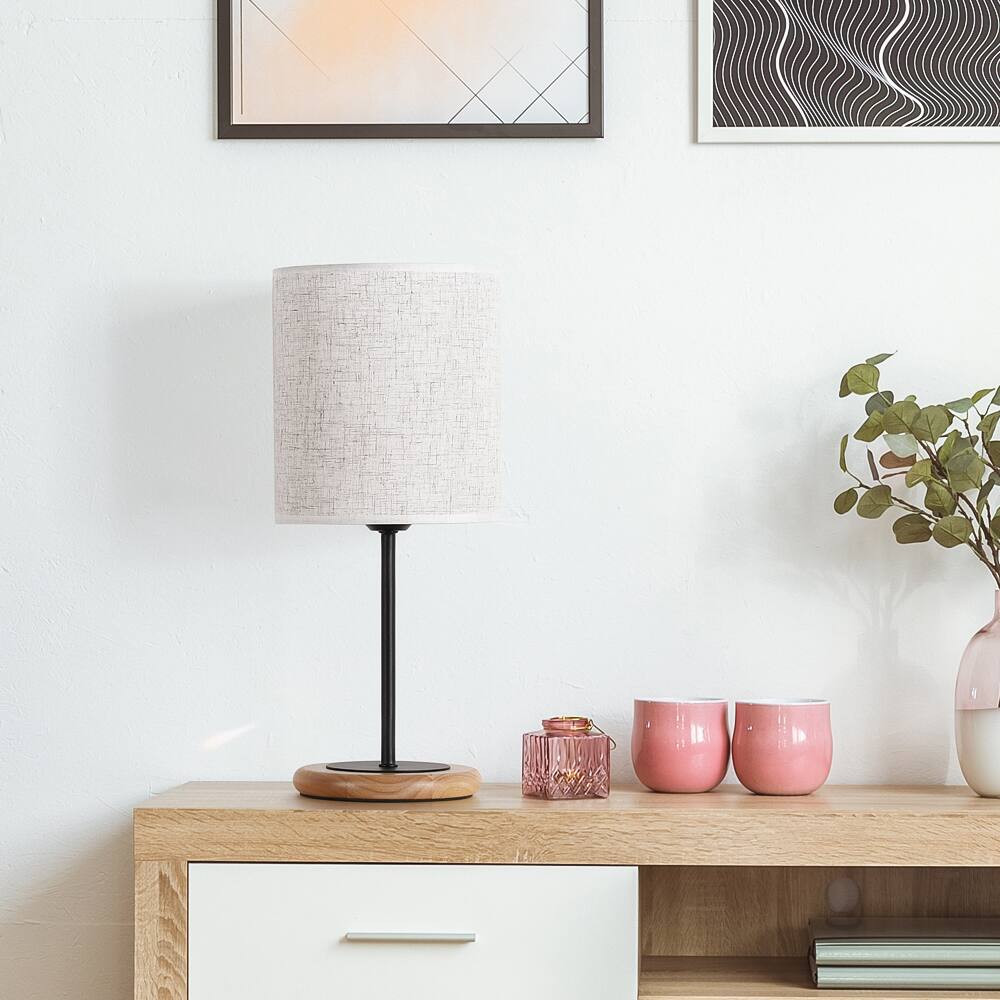 Alt View 2. Oumilen - Natural Wood Base Black Metal Pole Fabric Shade Table Lamp.