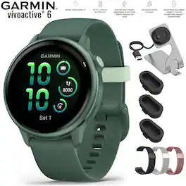 Bundle - Garmin - VIVOACTIVE 6 Health & Fitness GPS Smartwatch 42mm + Extra Bands Accessory Package - Metallic Jasper Green with Jasper Green Band - (2025)