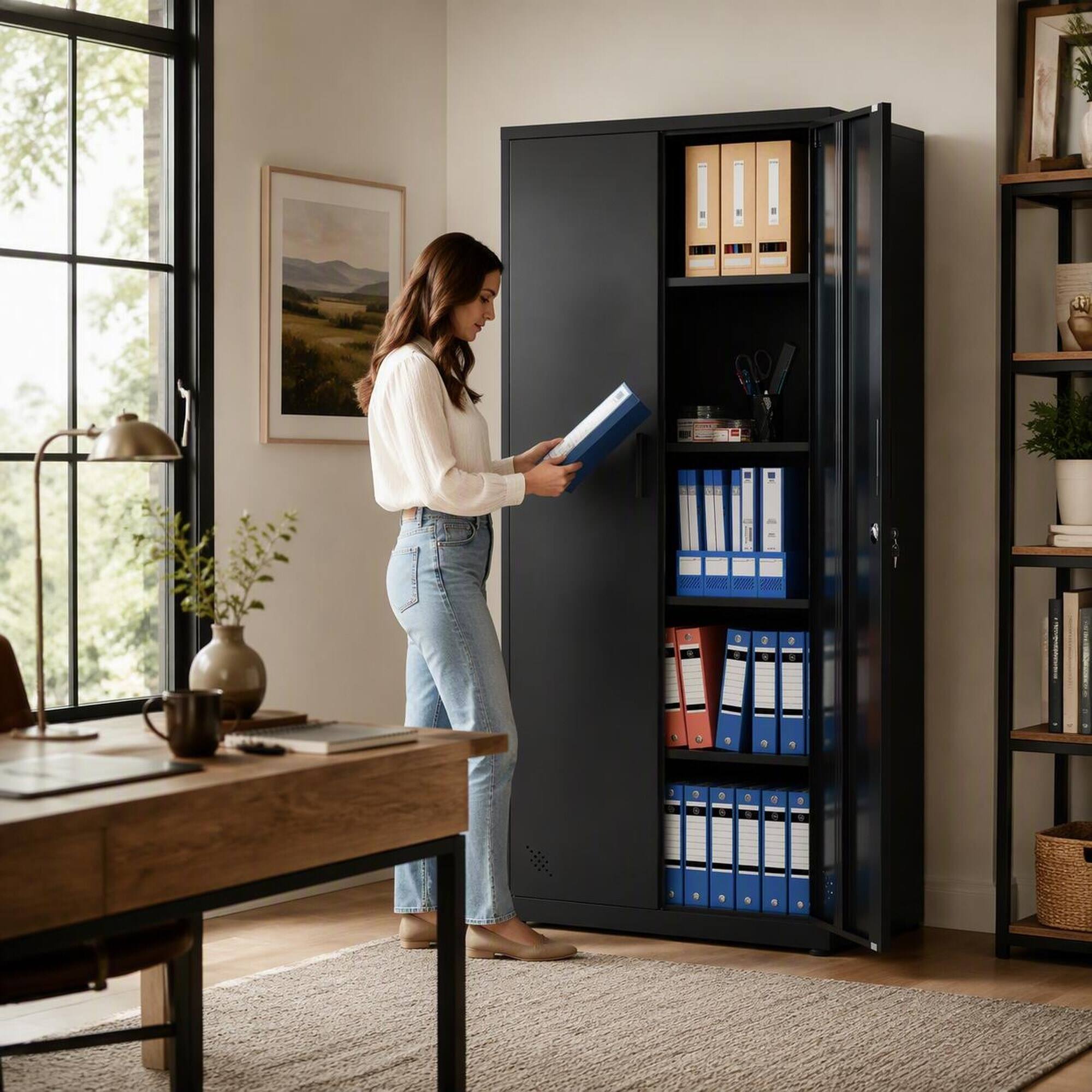 Back. RYHNUYNE - 72 in High Steel Storage Cabinet with 2 Doors and 4 Adjustable Shelves, Lockable Metal Cabinet for Home Office Garage - Black.