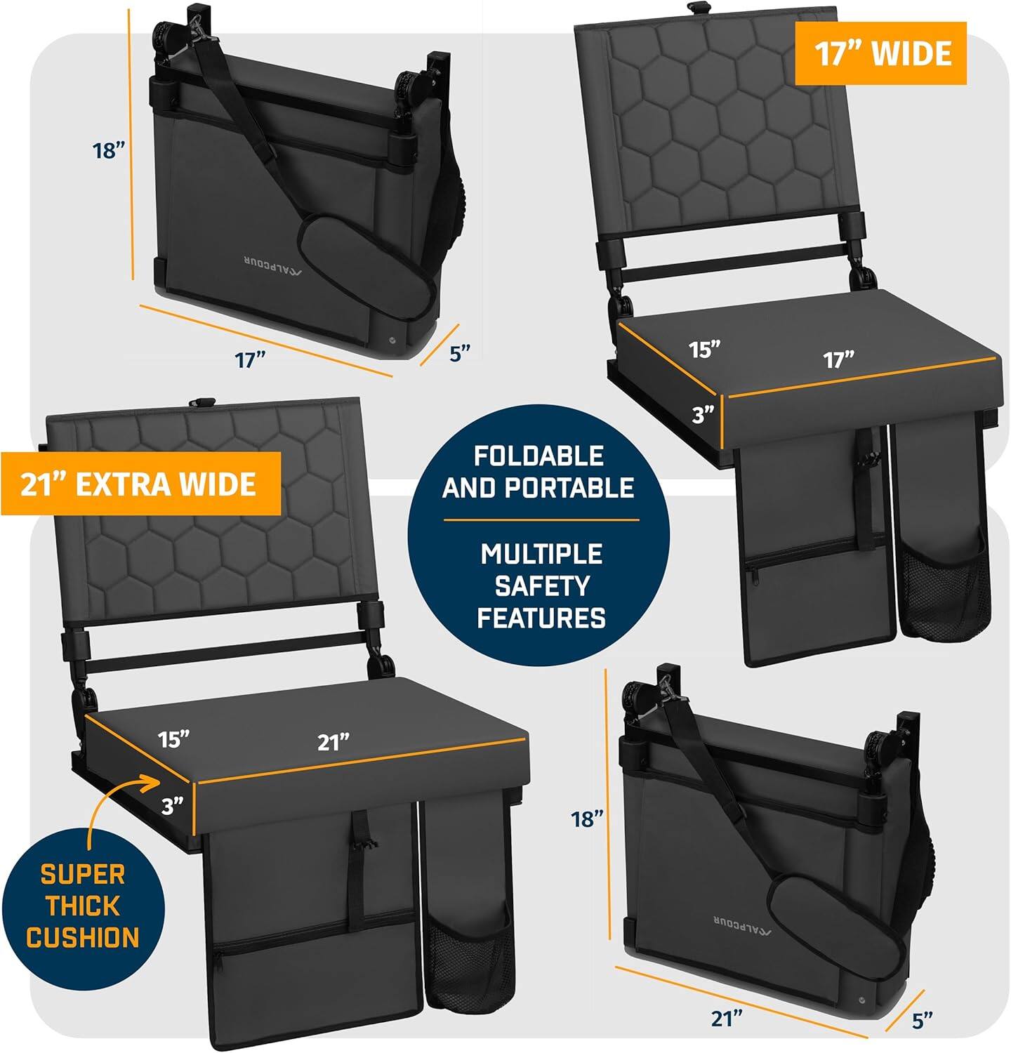 - 17" WIDE
- 18"
- 5"
- 15"
- 21" EXTRA WIDE
- 3"
- 18"
- 5"
- 17"
- 15"
- 3"
- 21"
- 5"
- FOLDABLE AND PORTABLE
- MULTIPLE SAFETY FEATURES
- SUPER THICK CUSHION