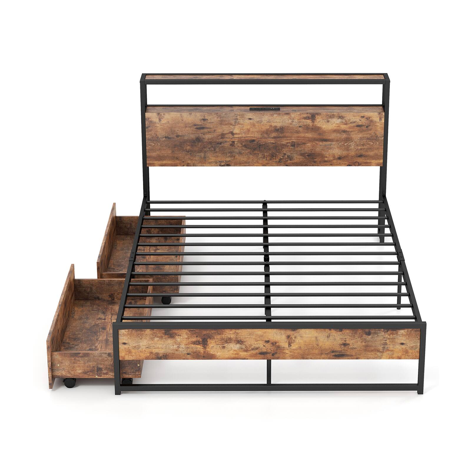 Front. Ecooso - Full Bed Frame with Storage Headboard and Built-in Charging Station - Brown.