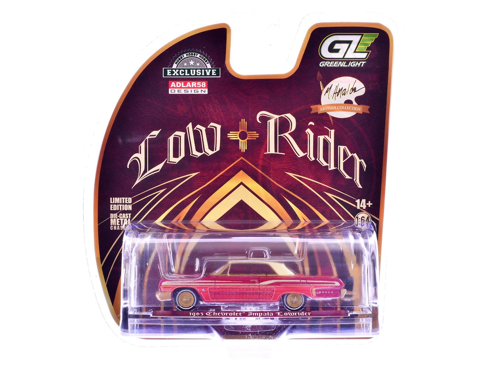 1963 Chevrolet Impala Lowrider Red Metallic with Cream Top and Interior with Gold Graphics 1/64 Model Car by Greenlight