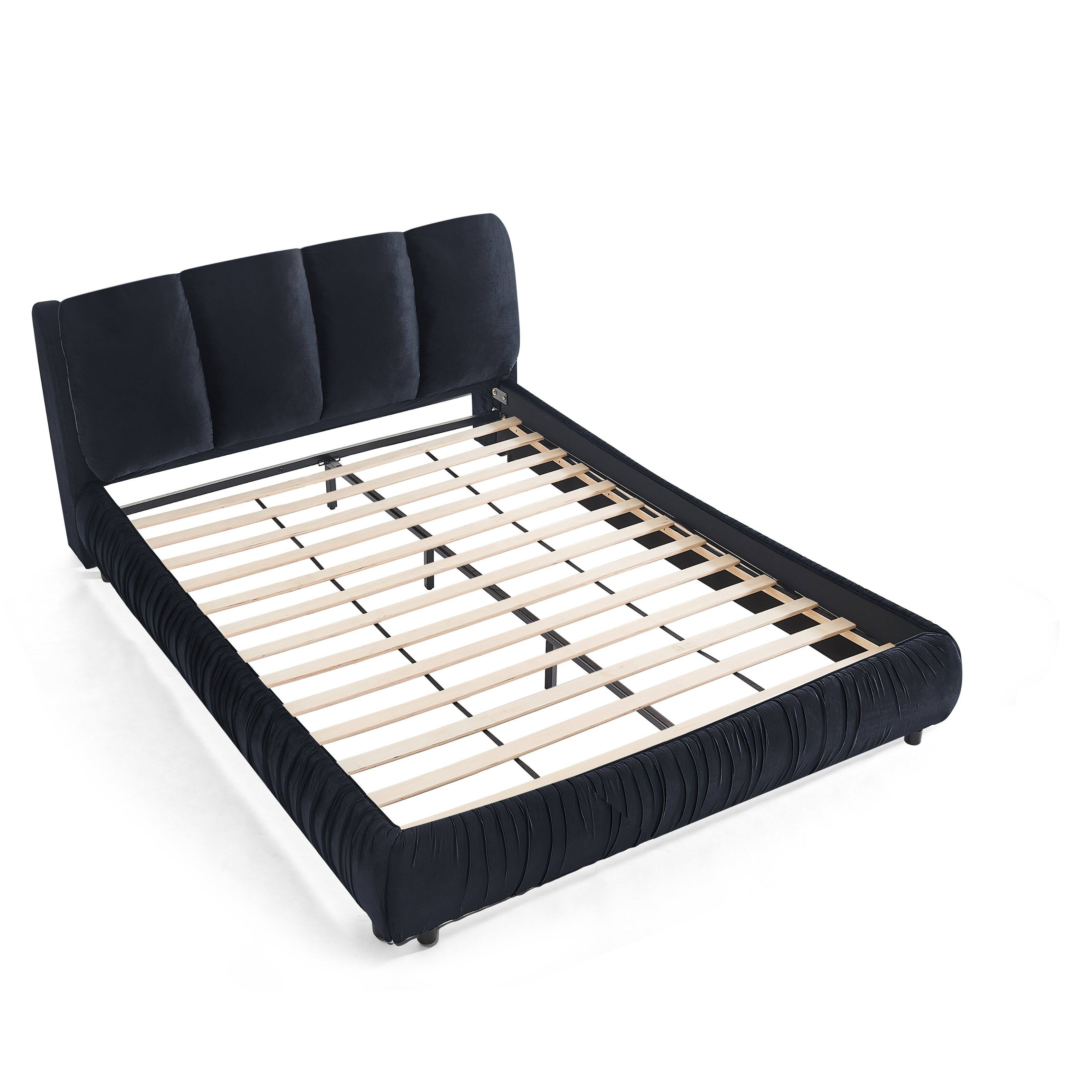 Back. Whisen - Upholstered Platform Bed with Segmented Padded Headboard and Velvet Frame,Sturdy Support - Black.