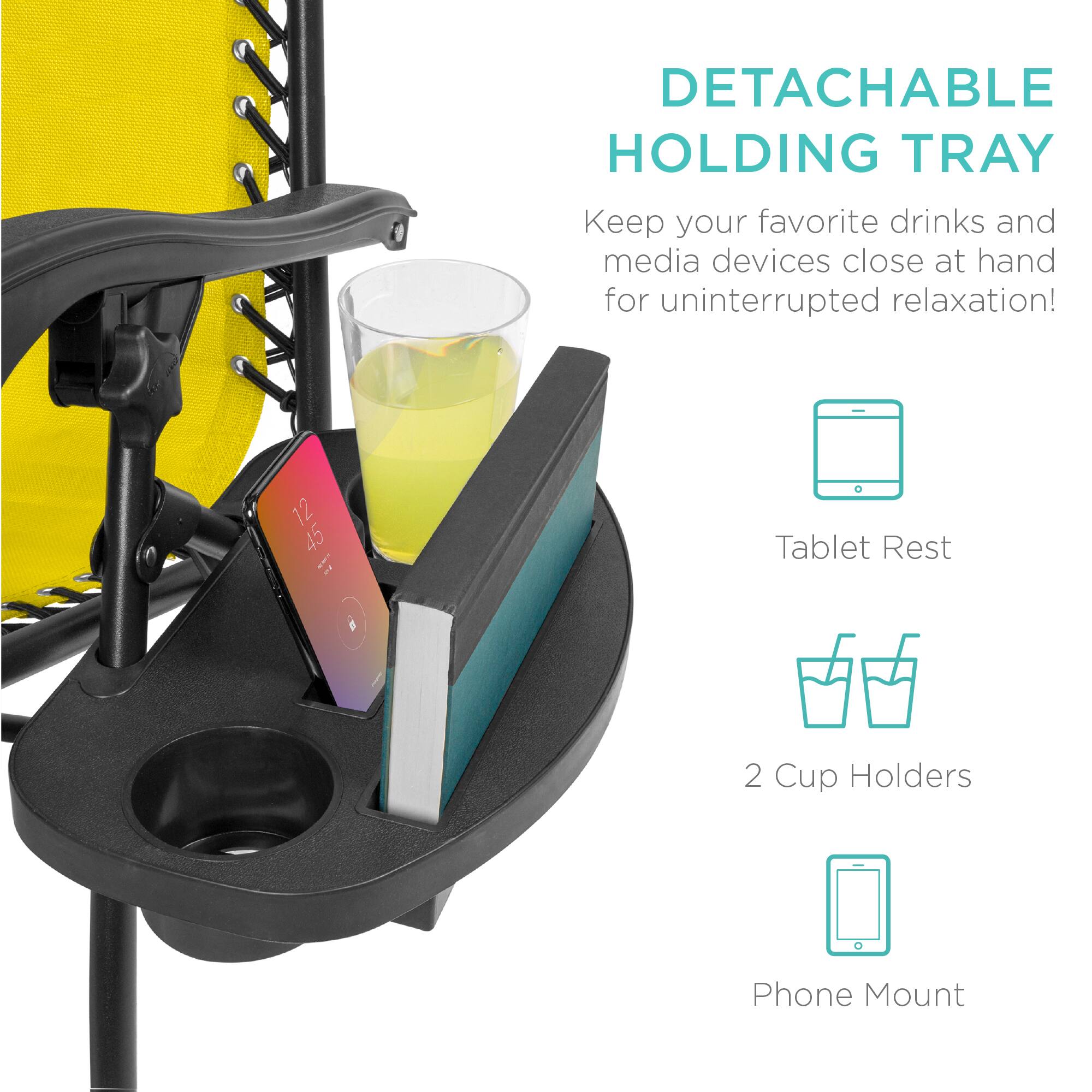 DETACHABLE HOLDING TRAY  
Keep your favorite drinks and media devices close at hand for uninterrupted relaxation!  

1. Tablet Rest  
2. 2 Cup Holders  
3. Phone Mount