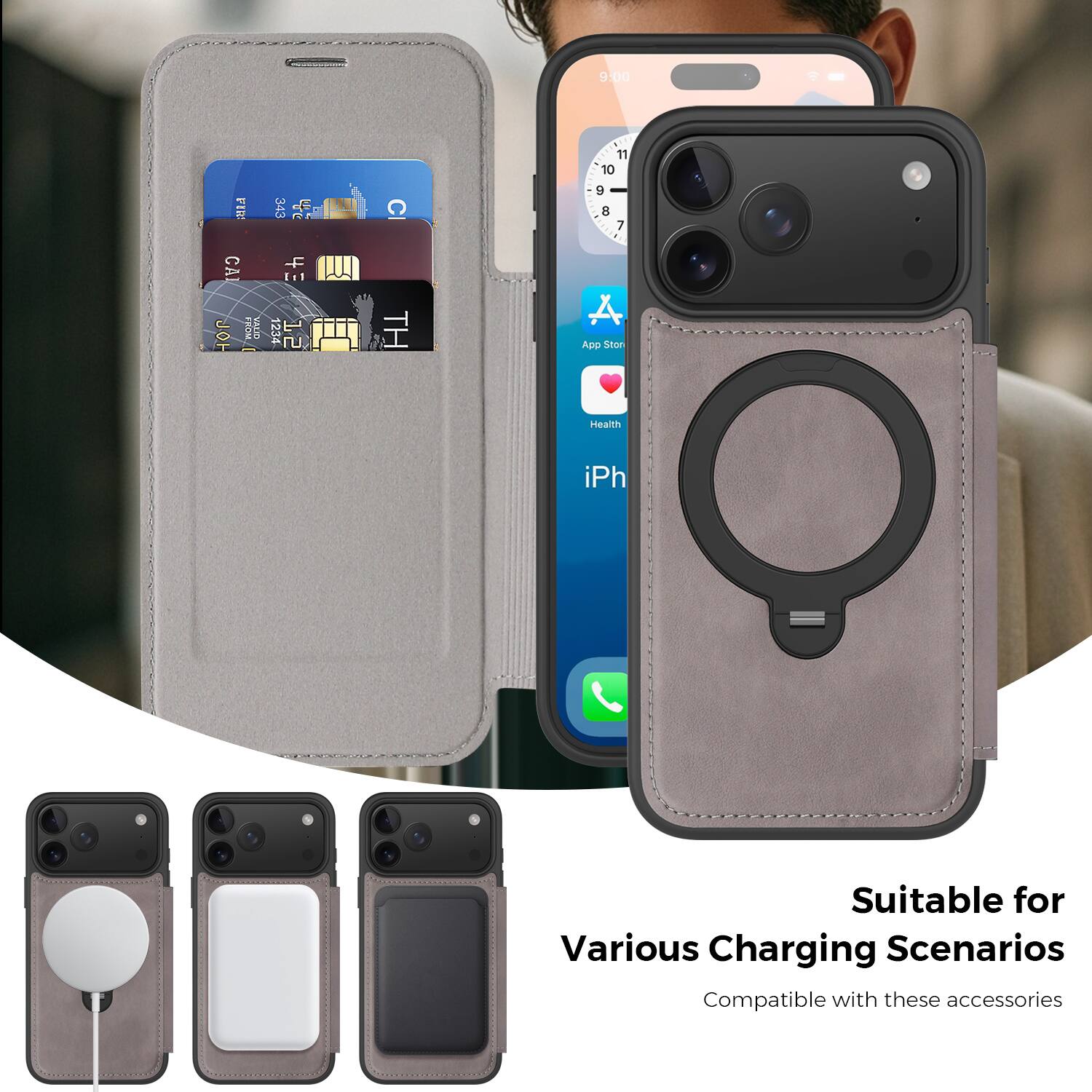 9:00 FIR 343 2 C 11 10 9 2 7 CA JOH FRUM VUD 43 1234 12 TH A

App Store
Health
iPh

Suitable for Various Charging Scenarios
Compatible with these accessories