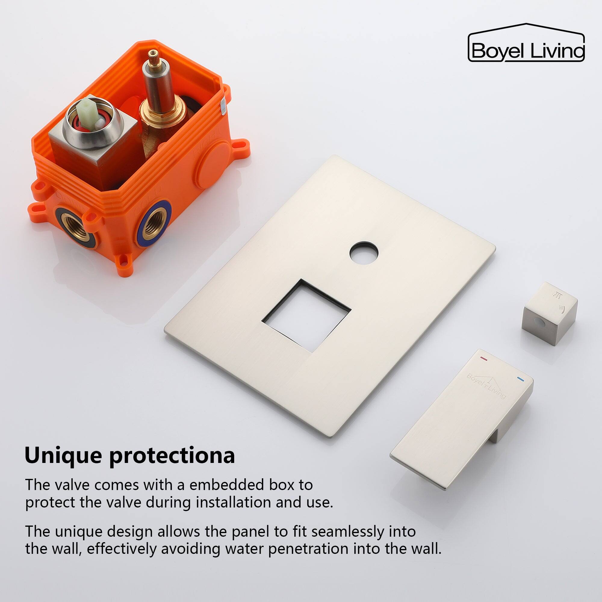 Boyel Living, Unique protectiona, The valve comes with a embedded box to protect the valve during installation and use. The unique design allows the panel to fit seamlessly into the wall, effectively avoiding water penetration into the wall.