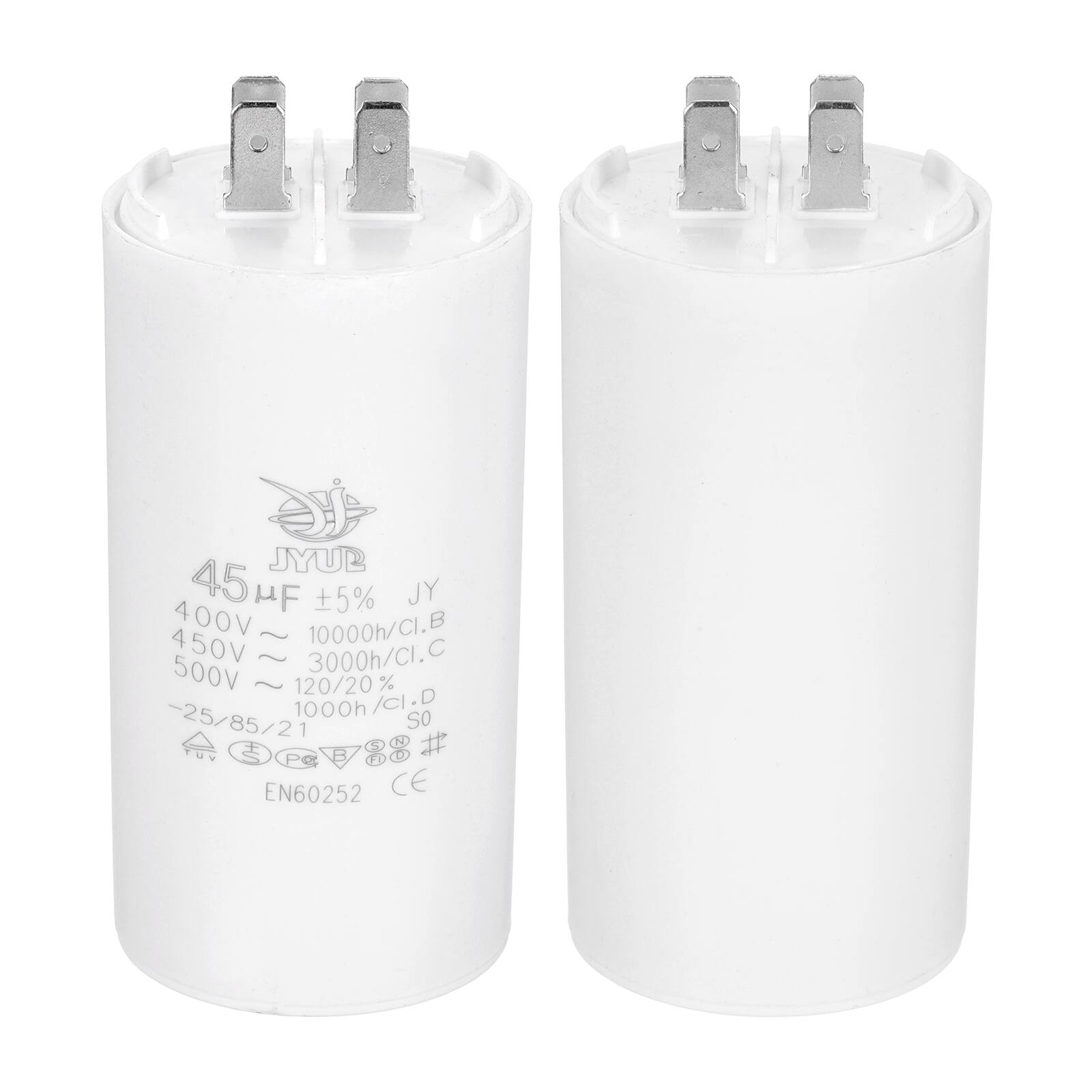 JYUP  
45 µF ±5%  
JY  
400V ~ 10000h/CI.B  
450V ~ 3000h/CI.C  
500V ~ 120/20%  
-25/85/21  
1000h/CI.D  
SO  
8 D2  
# Pe B  
FL  
EN60252  
CE