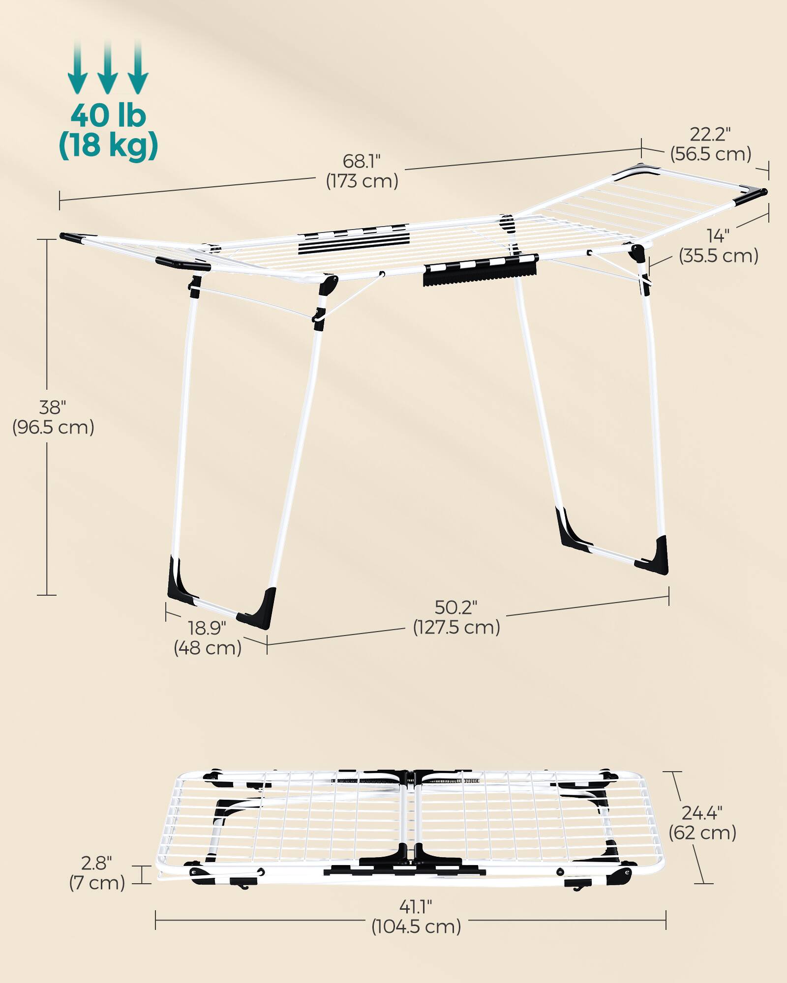 40 lb (18 kg)  
68.1" (173 cm)  
22.2" (56.5 cm)  
14" (35.5 cm)  
38" (96.5 cm)  
18.9" (48 cm)  
50.2" (127.5 cm)  
2.8" (7 cm)  
41.1" (104.5 cm)  
24.4" (62 cm)
