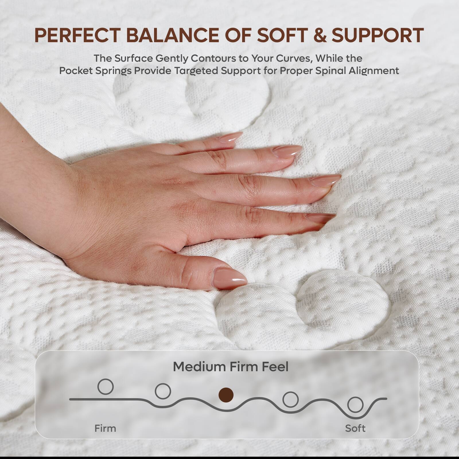 PERFECT BALANCE OF SOFT & SUPPORT

The Surface Gently Contours to Your Curves, While the Pocket Springs Provide Targeted Support for Proper Spinal Alignment

Medium Firm Feel

Firm Soft