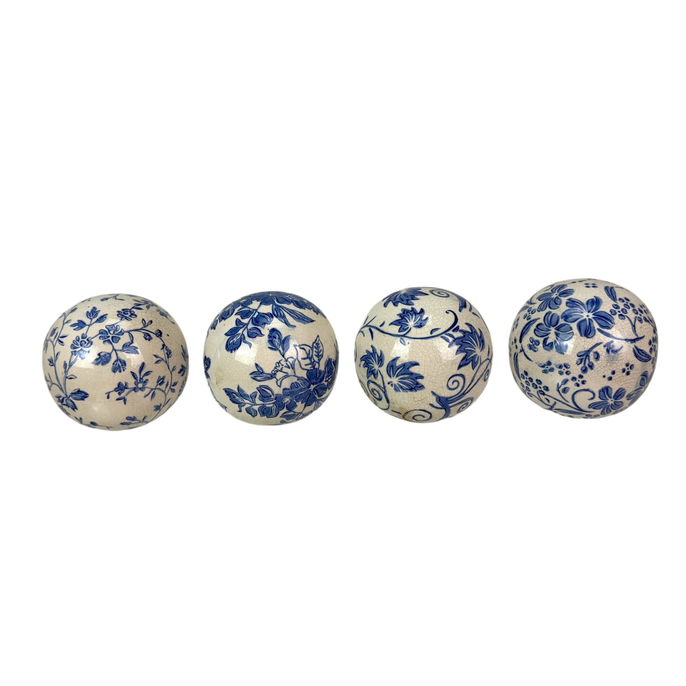 Alt View 1. Things2Die4 - Decorative Orbs Set of 4 Blue White Floral Crackle Ceramic 3.75 In - White.