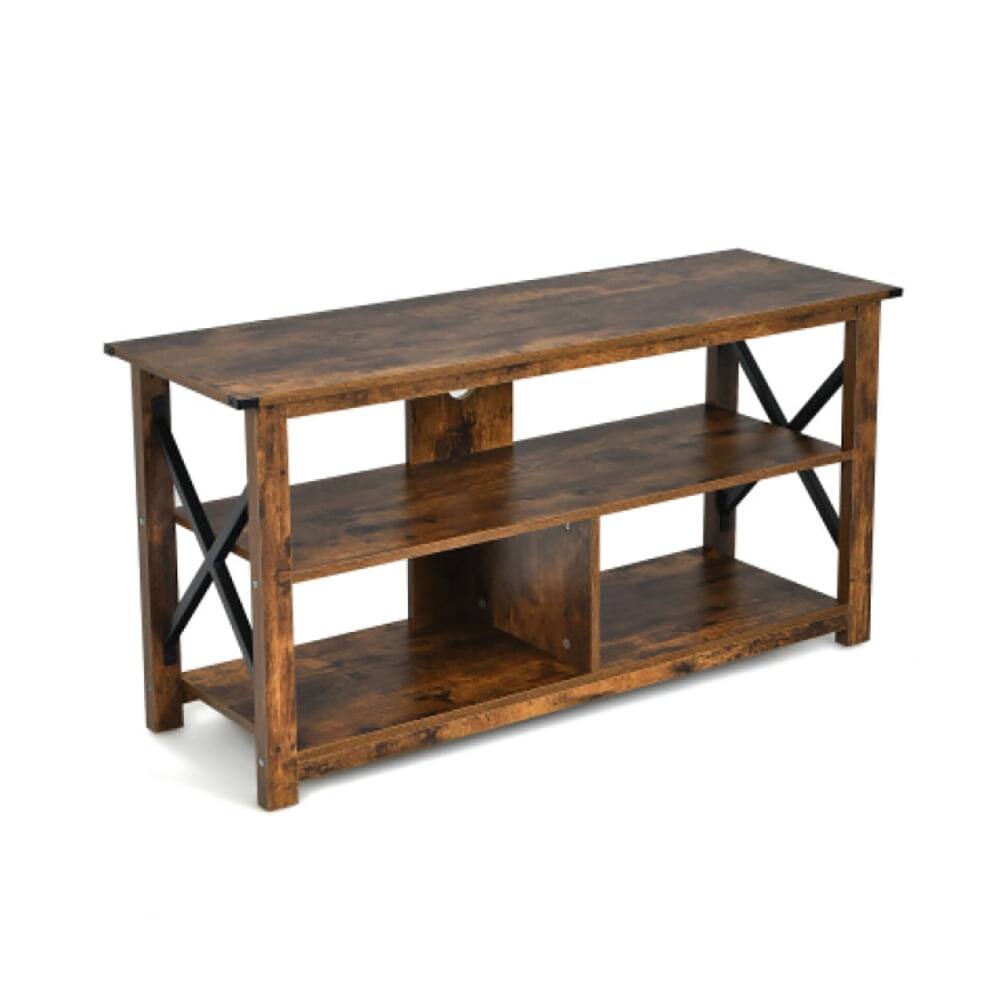 Pefilos - 3 Tier Wood TV for 55-Inch with Open Shelves X-Shaped Frame- Mid Century Modern Living Room Bedroom TV Stand - Brown
