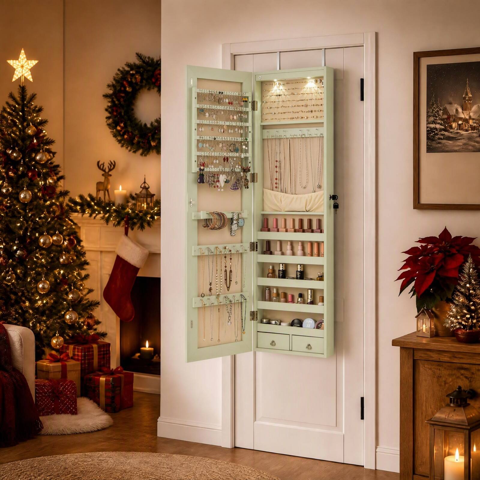 Alt View 1. Costway - Costway Mirrored Wall & Door Mounted Jewelry Cabinet Storage Organizer with Lights&Drawer - Green.