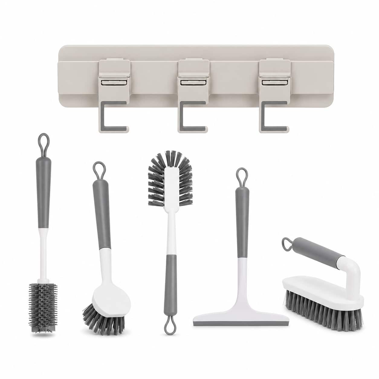 OU - Bathroom & Kitchen Organizer Set, Wall Rack w/ 4 Hooks, Scrub & Bottle Brushes, Silicone Squeegee