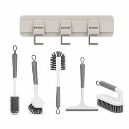 OU - Bathroom & Kitchen Organizer Set, Wall Rack w/ 4 Hooks, Scrub & Bottle Brushes, Silicone Squeegee