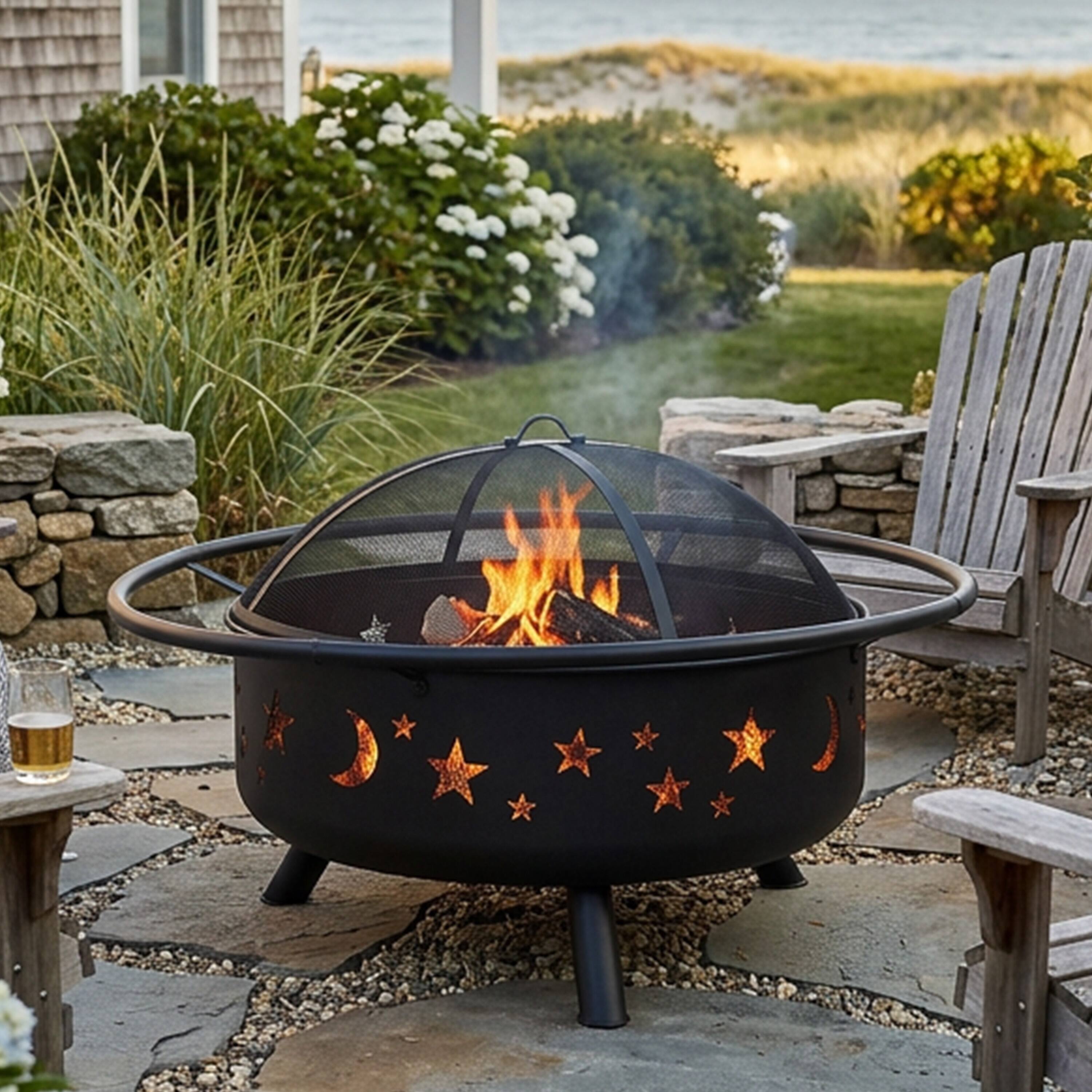 Alt View 10. Sunnydaze - 36 in Cosmic Steel Fire Pit w/Spark Screen/Poker - Black.