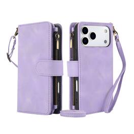 Dteck - RFID Blocking Zipper Wallet Pocket 9 Cards For Apple iPhone 17 Pro PU Leather Stand Crossbody Strap Cover - Purple