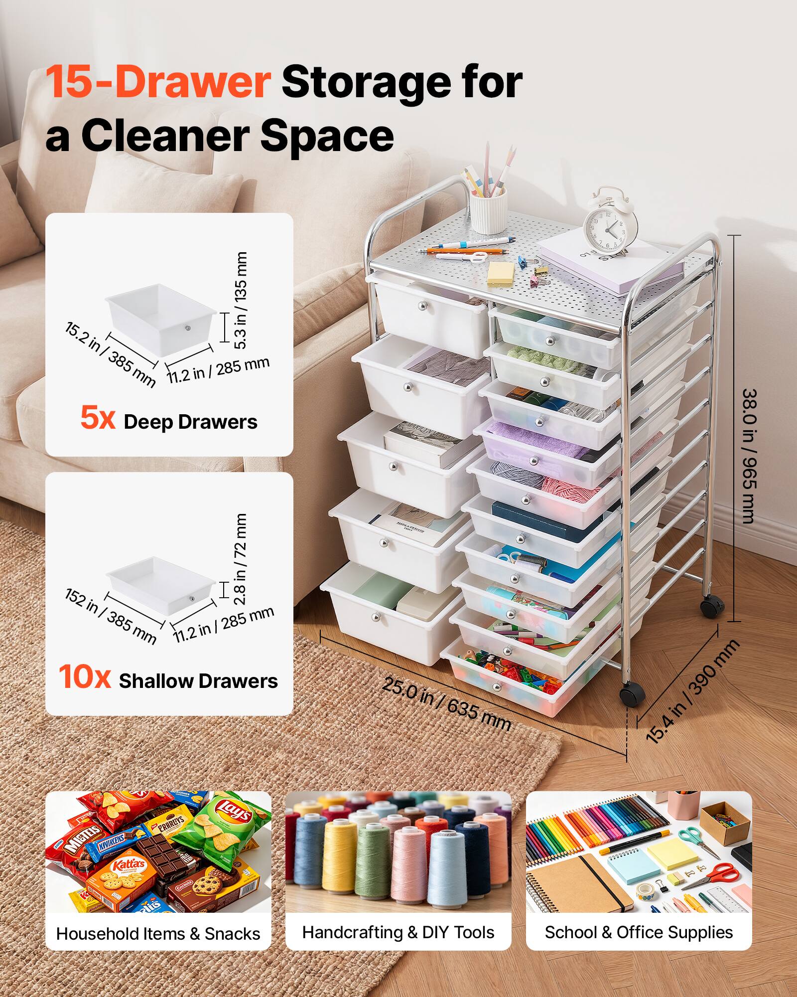 15-Drawer Storage for a Cleaner Space

5x Deep Drawers
- 13.5 in / 345 mm
- 5.3 in / 135 mm
- 11.2 in / 285 mm

10x Shallow Drawers
- 152 in / 385 mm
- 2.8 in / 72 mm
- 11.2 in / 285 mm

Household Items & Snacks
Handcrafting & DIY Tools
School & Office Supplies