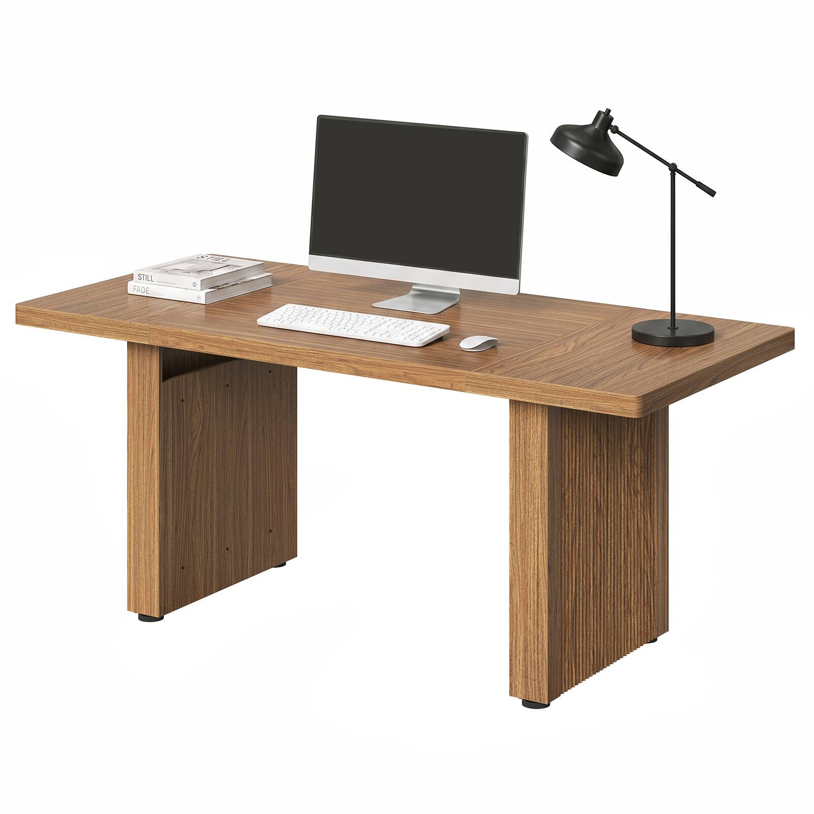 Bestier - 63" Modern Executive Desk, Fluted Design, Heavy-Duty Dual - Brown Oak
