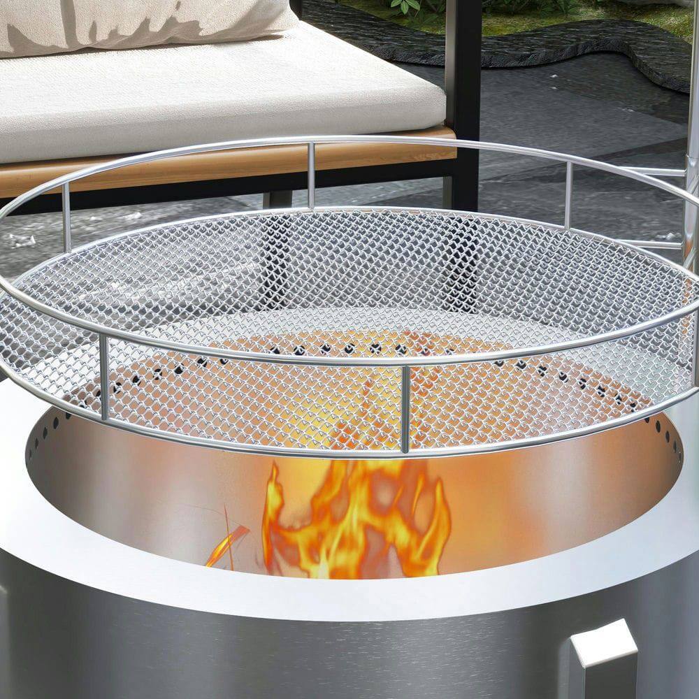 Angle. Resenkos - 2-in-1 Smokeless Fire Pit BBQ Grill Portable Camping Bonfire Stove with Poker, Steel, Silver.
