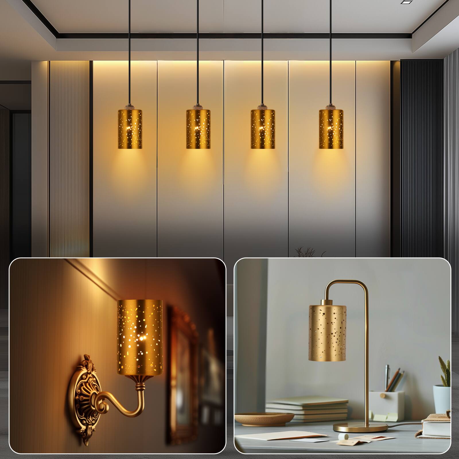Alt View 3. Alucset - 4 Pack Pendant Light Shades, Laser Starry Sky Design Cylinder Metal Lampshades with Antique Brass Exterior Gold Interior - Antique Brass & Gold.
