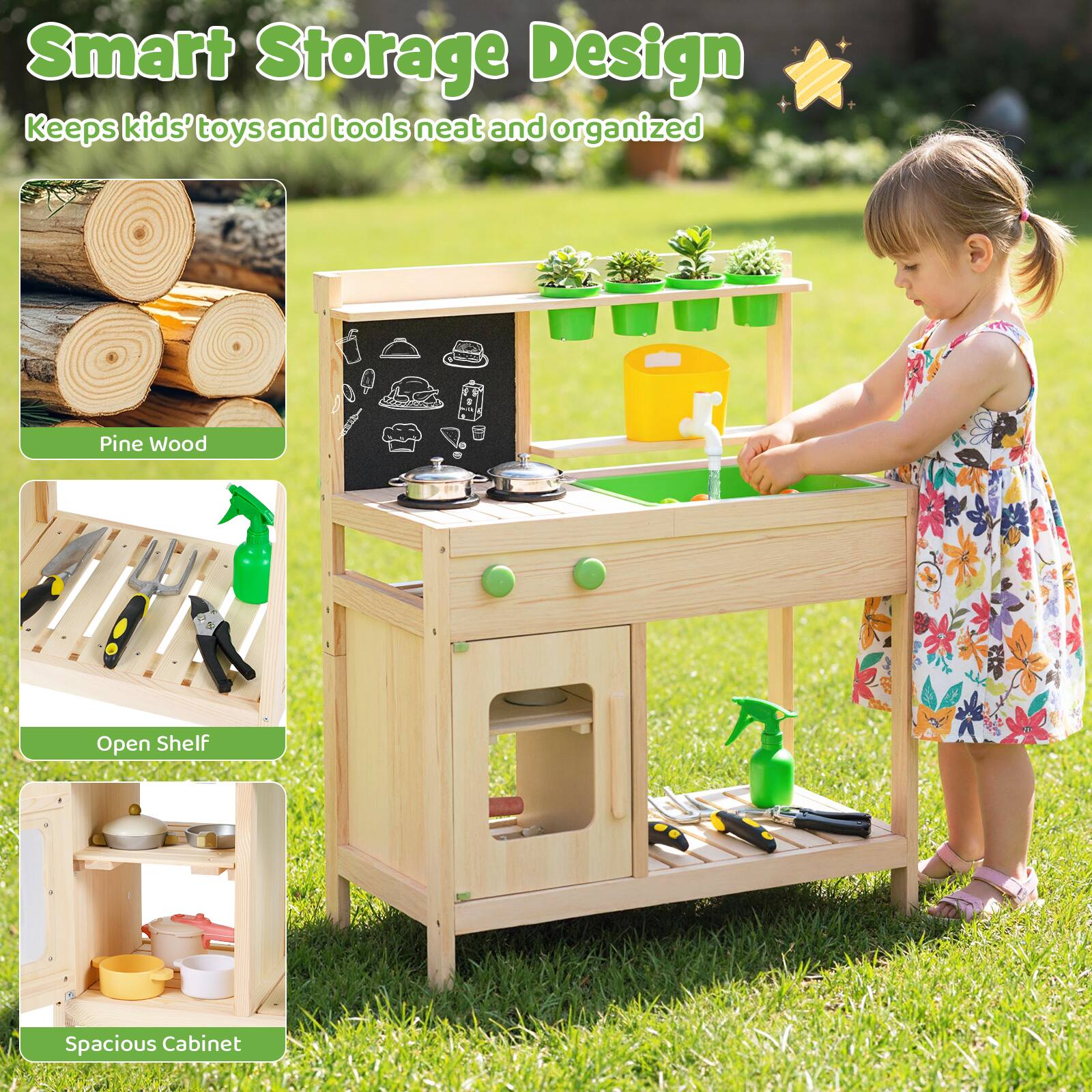 Smart Storage Design  
Keeps kids' toys and tools neat and organized  

Pine Wood  
Open Shelf  
Spacious Cabinet