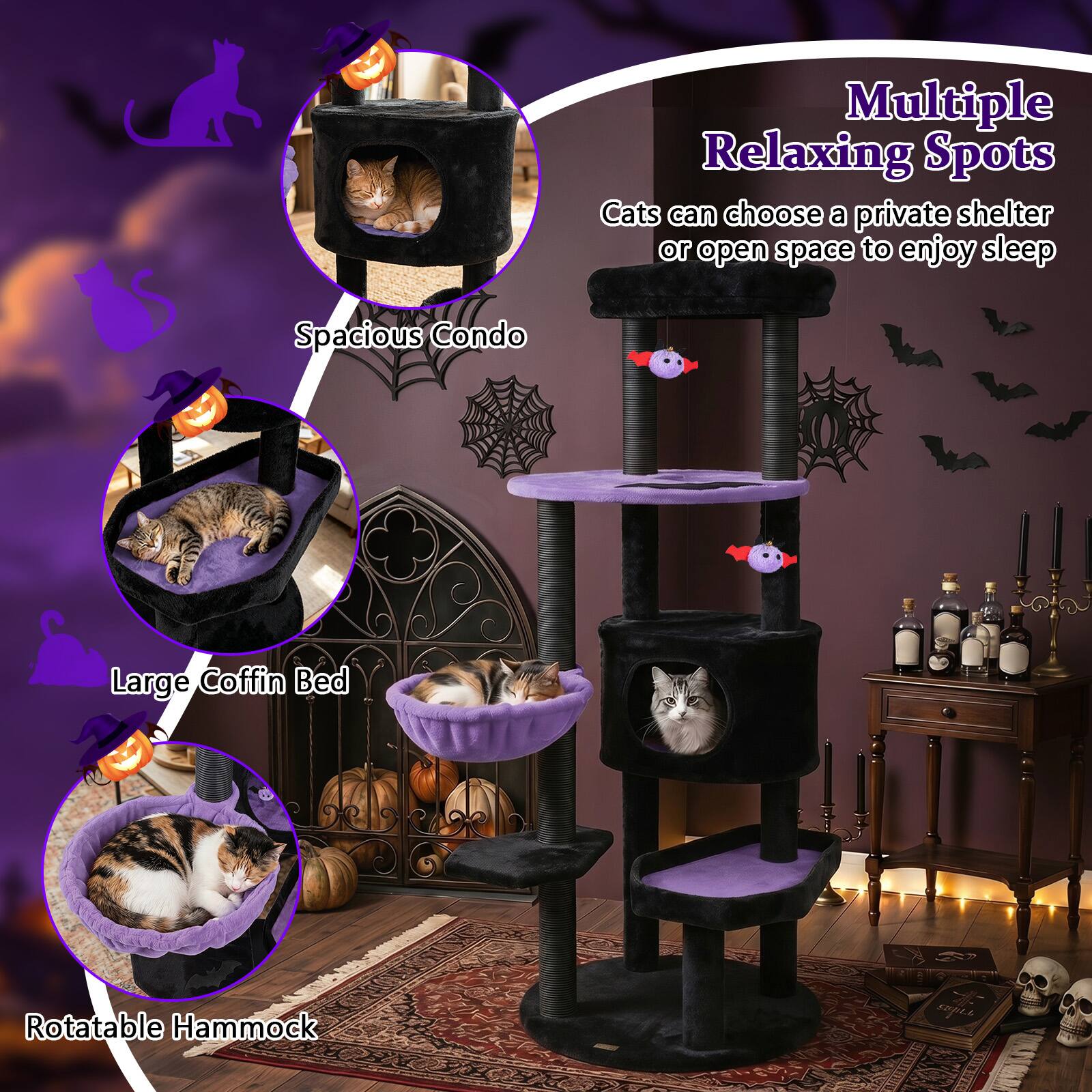 Multiple Relaxing Spots  
Cats can choose a private shelter or open space to enjoy sleep  

Spacious Condo  
Large Coffin Bed  
Rotatable Hammock