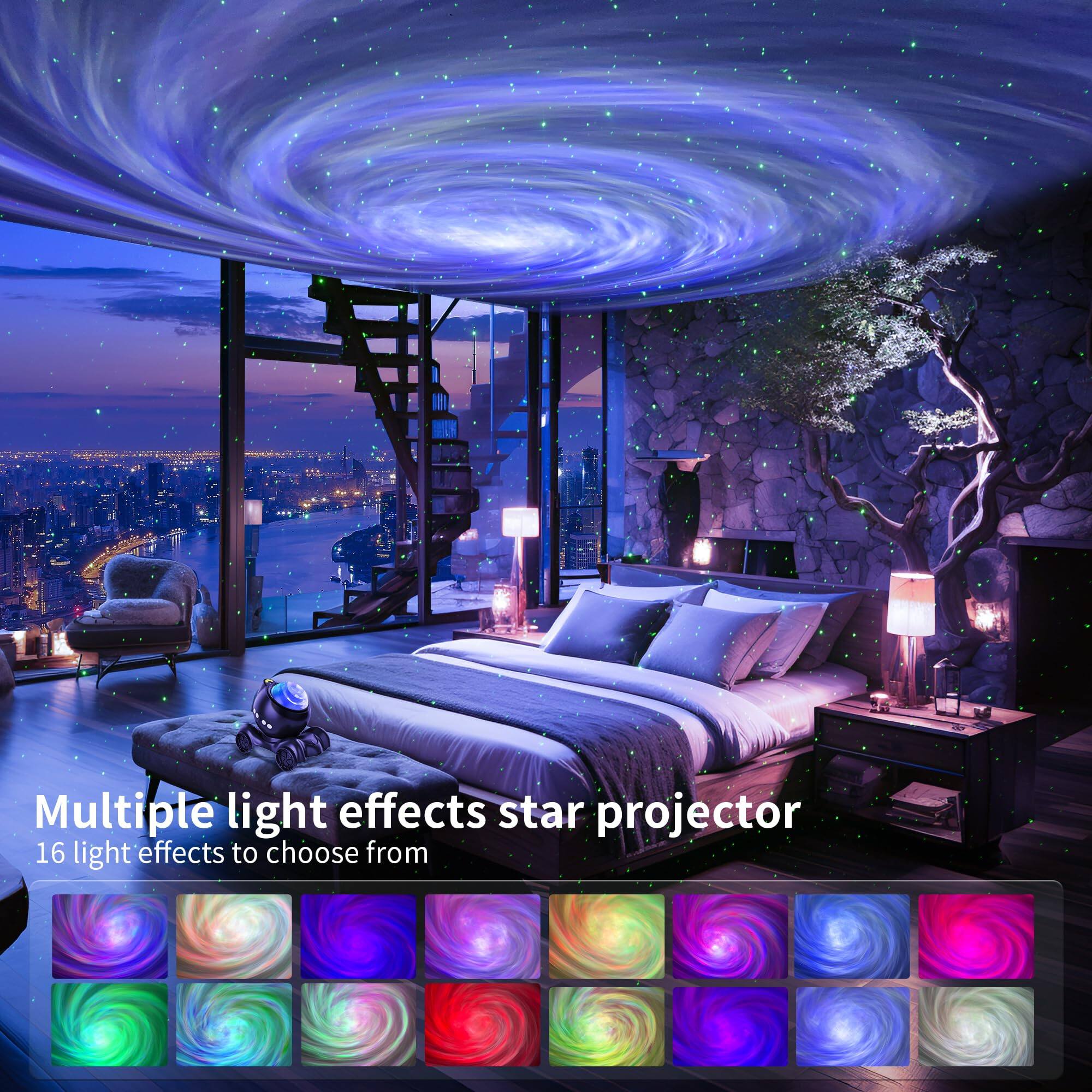 Multiple light effects star projector  
16 light effects to choose from