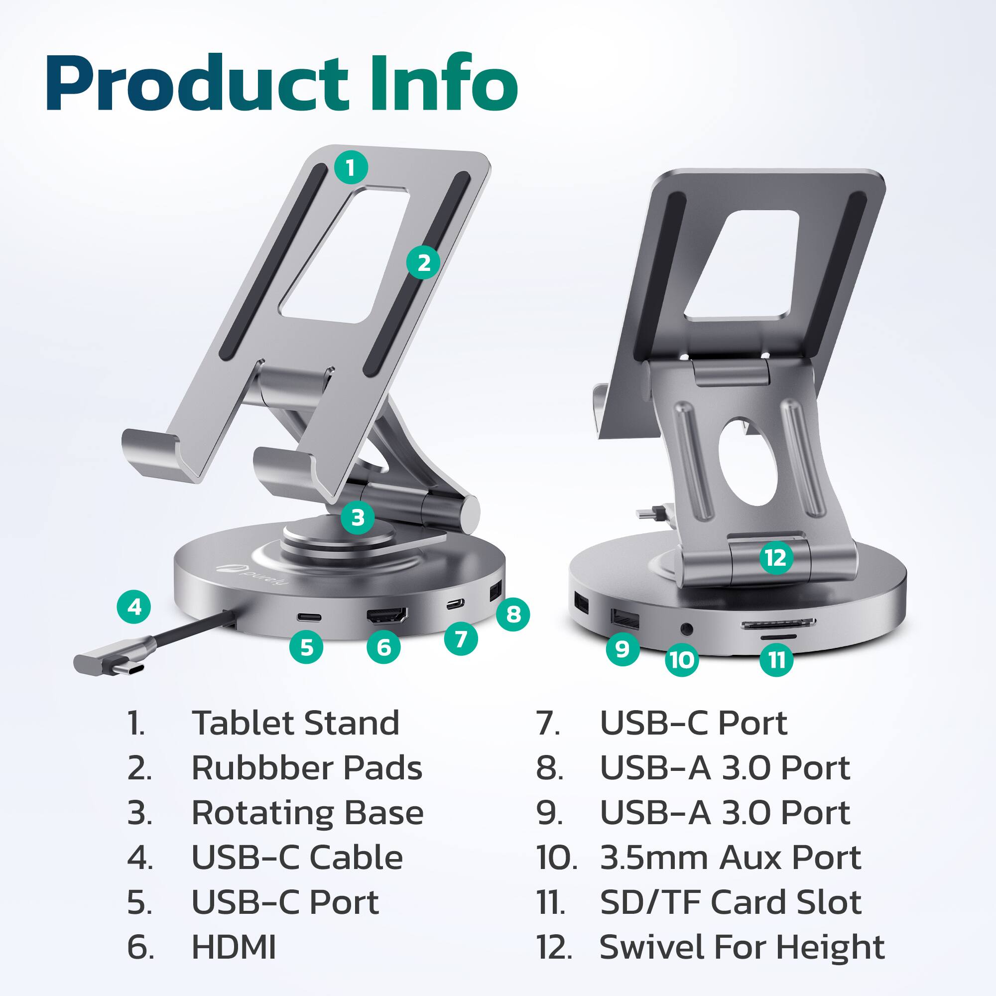 Product Info

1. Tablet Stand  
2. Rubber Pads  
3. Rotating Base  
4. USB-C Cable  
5. USB-C Port  
6. HDMI  
7. USB-C Port  
8. USB-A 3.0 Port  
9. USB-A 3.0 Port  
10. 3.5mm Aux Port  
11. SD/TF Card Slot  
12. Swivel For Height
