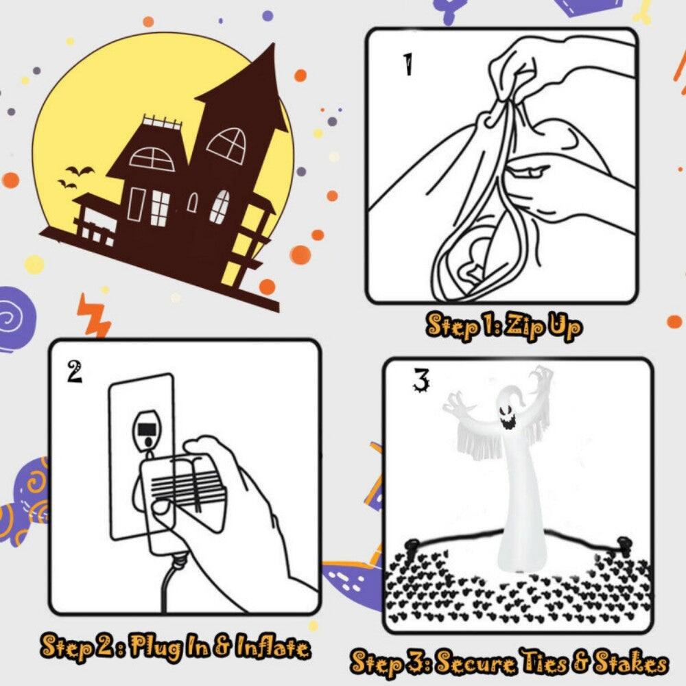 1. Step 1: Zip Up  
2. Step 2: Plug In & Inflate  
3. Step 3: Secure Ties & Stakes