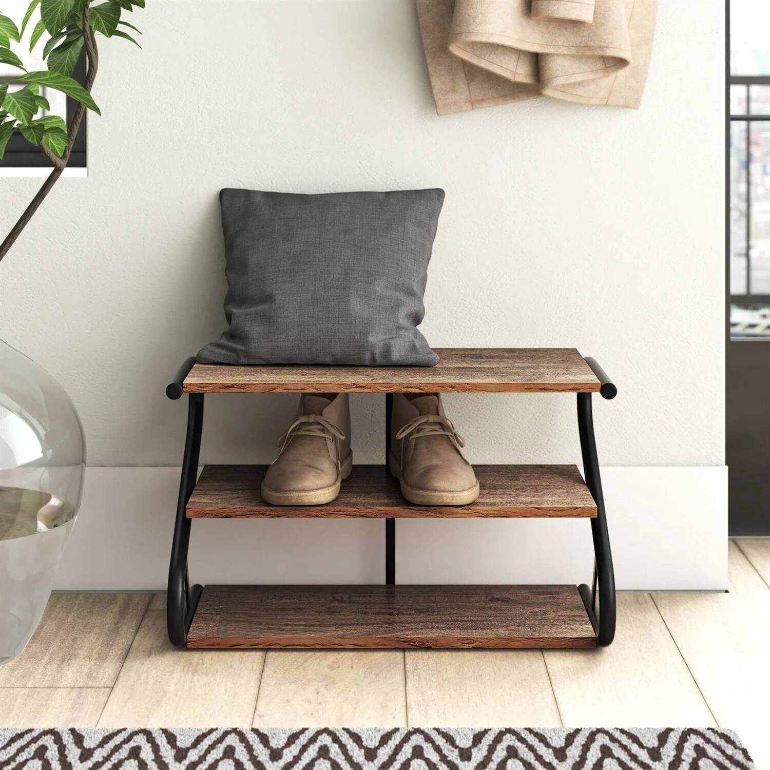 Left. Hivvago - Modern Industrial Metal Wood 3-Tier Shoe Rack - Holds up to 9 Pair of Shoes - Rustic Brown, Black.